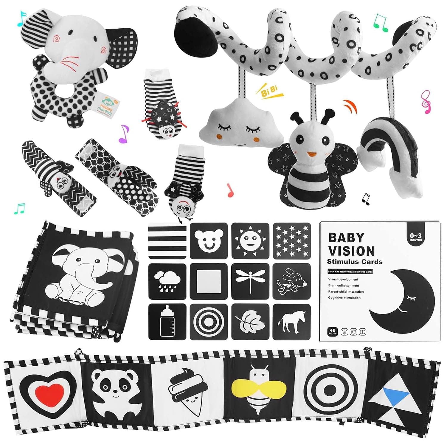 Black and White High Contrast Baby Toys , Montessori Contrast Toys for Infants 6 Months, Car Seat Toys Black and White Baby Hanging Rattle Toys for Newborn, Brain Development Toy Gift for Infant