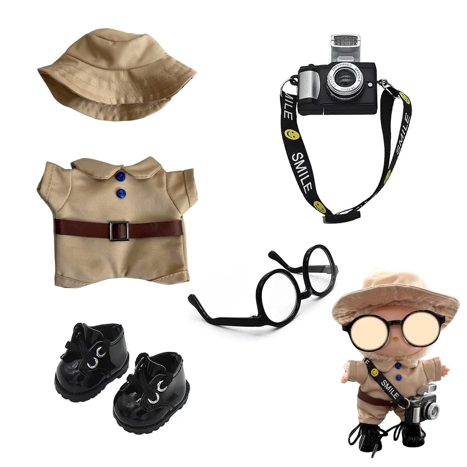 5 Set 17cm Doll Clothes - Clothes for Dolls Outfit - Accessories for 17cm Dolls Clothes + Hat + Small Camera + Glasses + Leather Shoes(No Doll Included)