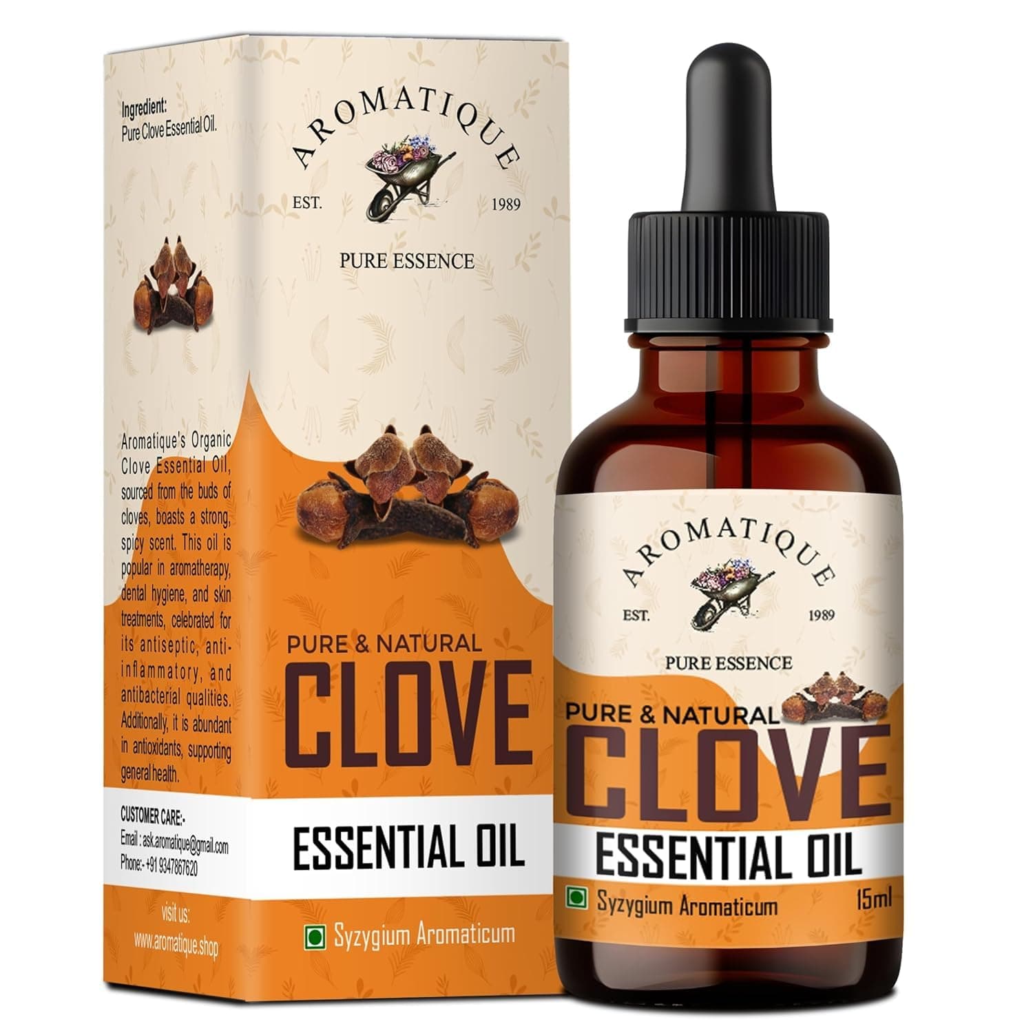 Aromatique Pure Clove Oil For Teeth Pain- Natural Aromatic Essence for Freshening Ambiance, Dental Care, and DIY Skincare - Pure & Undiluted, 15ml