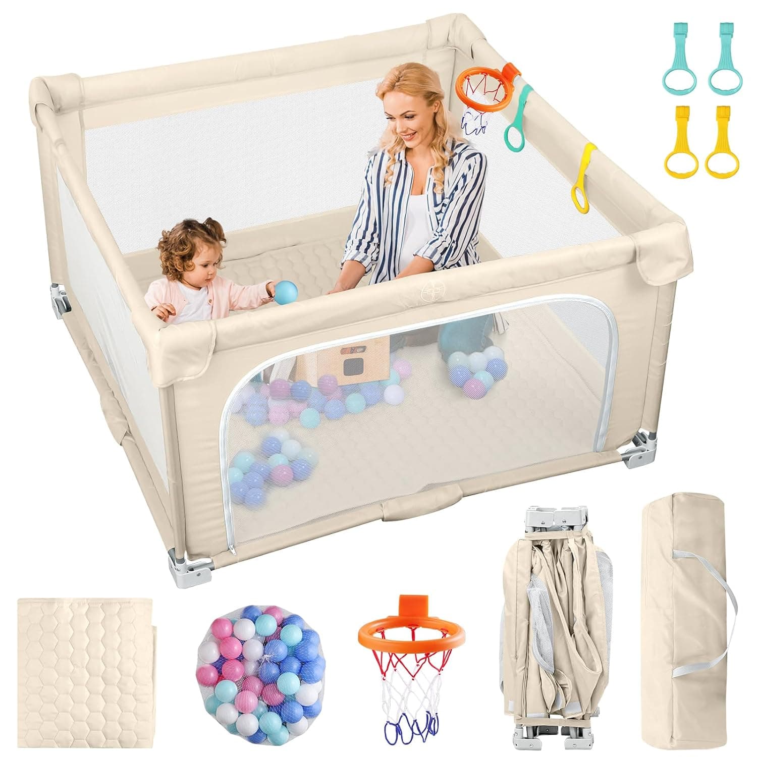 eSynic Children's Playpen 120 x 120 cm with Washable Mattress, Modular Folding Enclosure for Babies with Basketball Basket and Balls, Playpen Games for Children Portable Travel with Visible Net