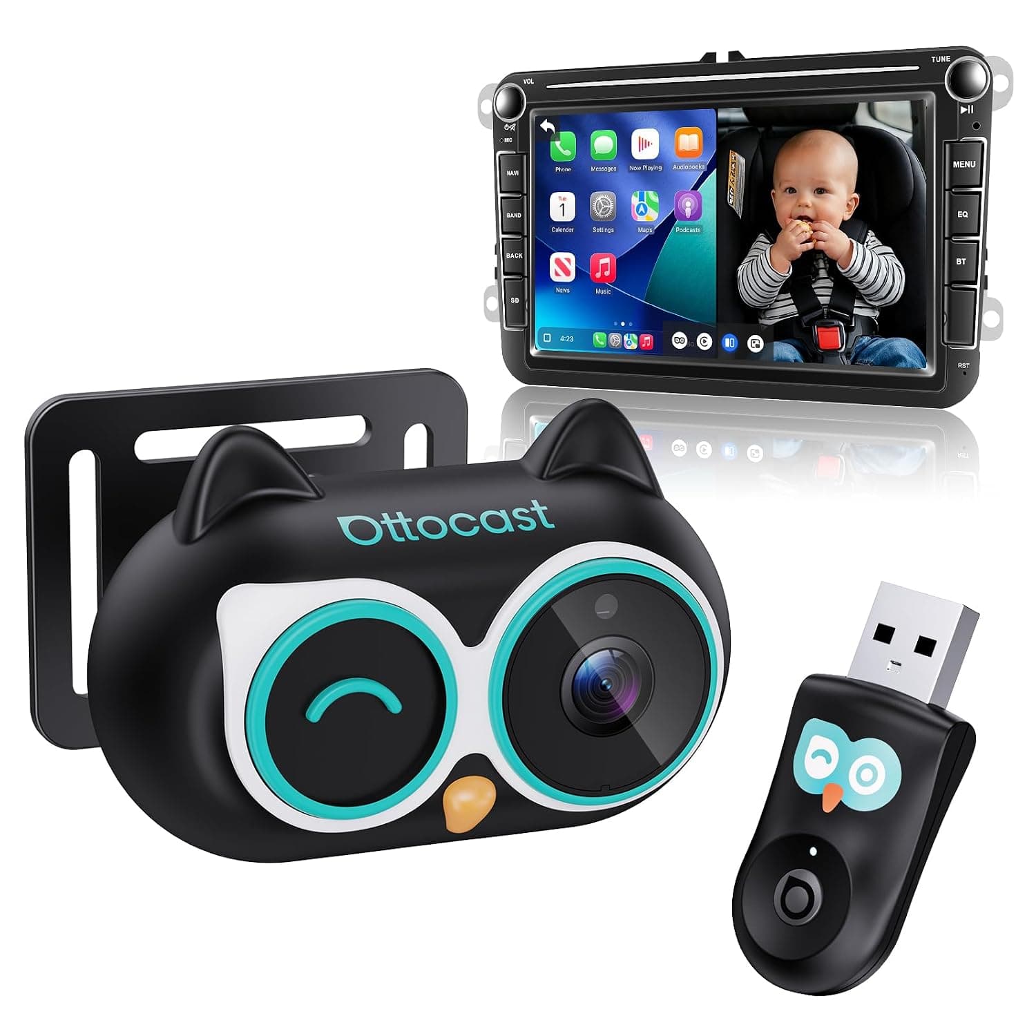 Ottocast Cabin Care CarPlay Adapter, Baby Camera, 1080P Rear Seat Camera | 2026 Ottocast Mini, USB-A plug & play, fast auto reconnect, 150° wide-angle lens, for Factory-wired CarPlay