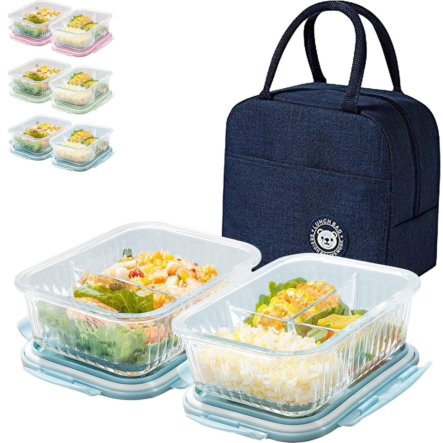 YumLock Glass Food Storage Containers with Lunch Bag, 3 & 2 Compartments, Meal Prep Container Microwave Safe with Lids - Pantry & Kitchen Storage, Lunch Containers for Kids & Adults, Bento Box, Blue