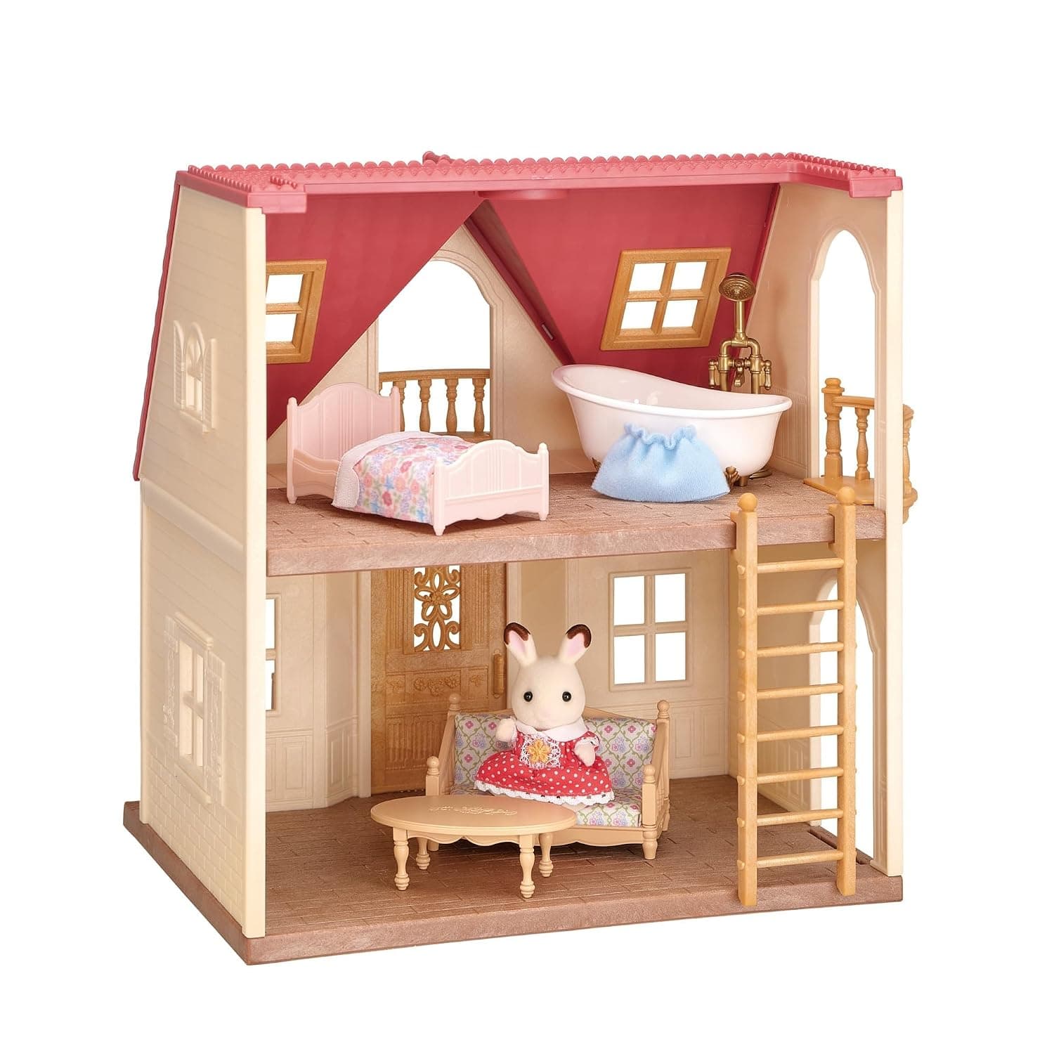 Calico Critters Red Roof Cozy Cottage, Dollhouse Playset with Figure, Furniture and Accessories | A snug starter home with an open layout little hands love - furnish, decorate and connect to grow the whole village, Ages 3+