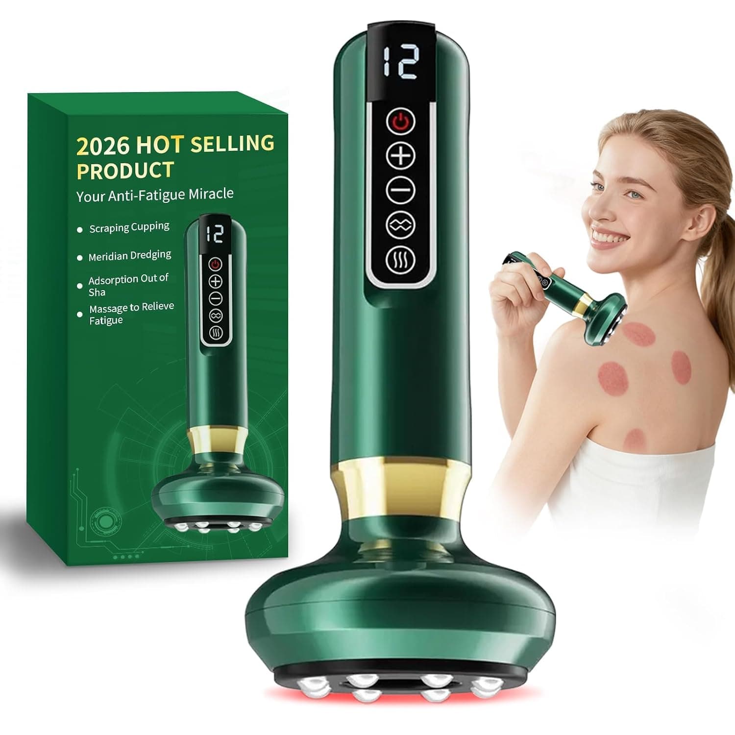 Electric Cellulite Massager with Heat, Vacuum Body Sculpting Massager with 12 Suction Levels, Portable Cupping Massage Device for Thighs, Waist, Arms, Hips & Back