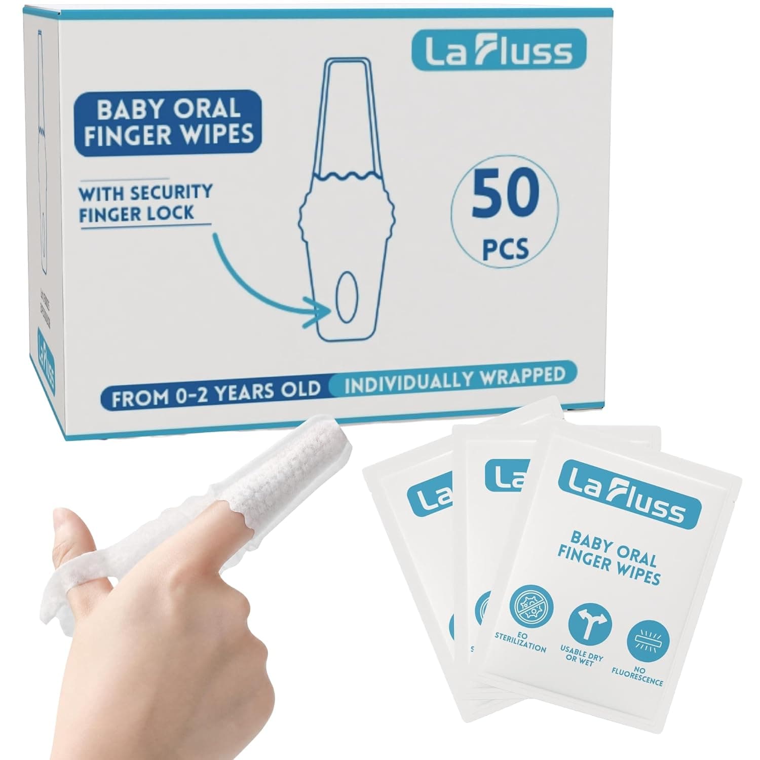 50pcs La Fluss Oral Finger Wipes for Babies, Suitable from 0-24 Months, Soft & Gently Clean Your Baby’s Mouth, Gums and Tongue, Individually Wrapped
