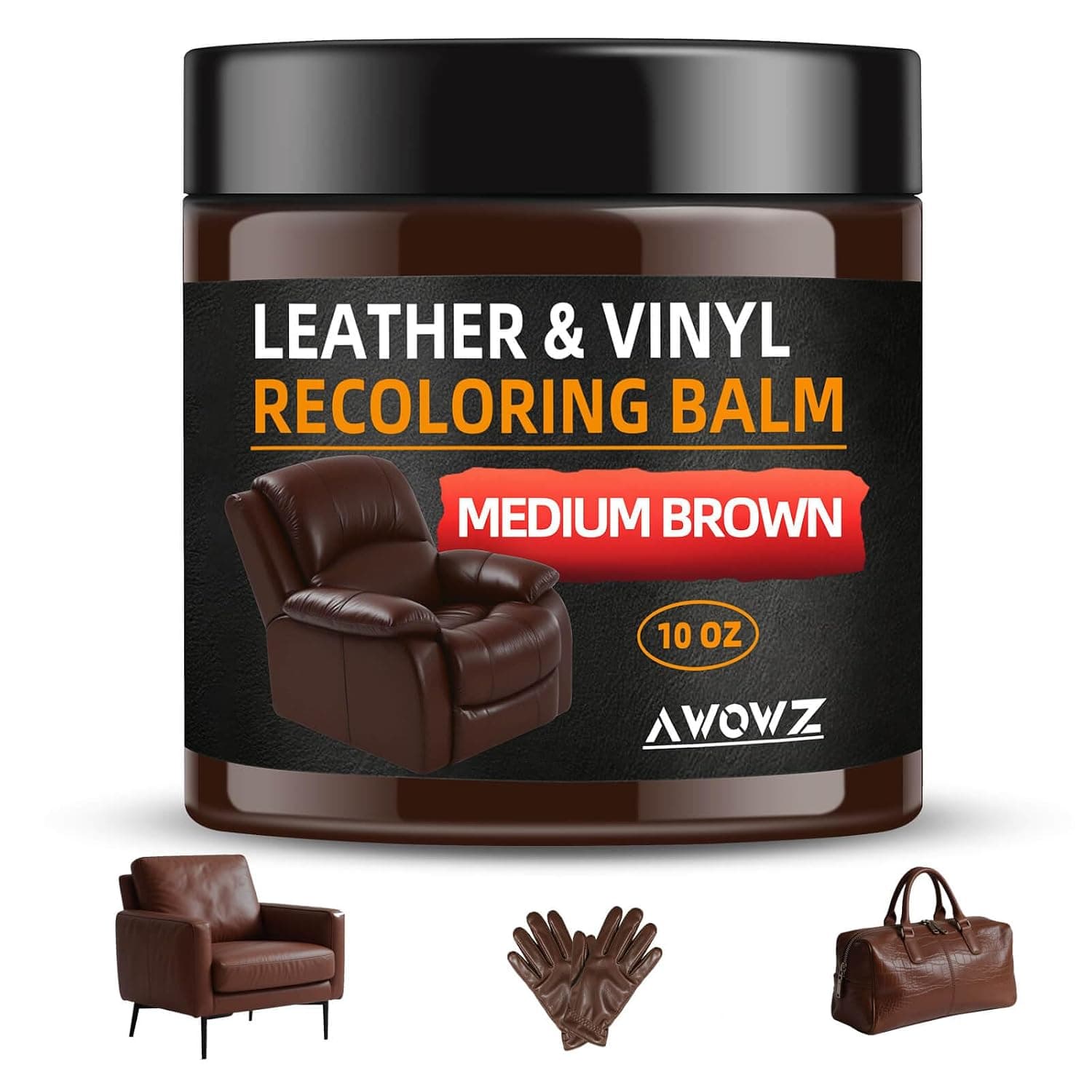 Leather Recoloring Balm - Scratch Repair & Color Restore Kit for Faded Leather, Leather Couch & Car Seats - 10OZ Leather Restorer Balm for Furniture, Auto Interior, Vinyl, Accessories (Medium Brown)