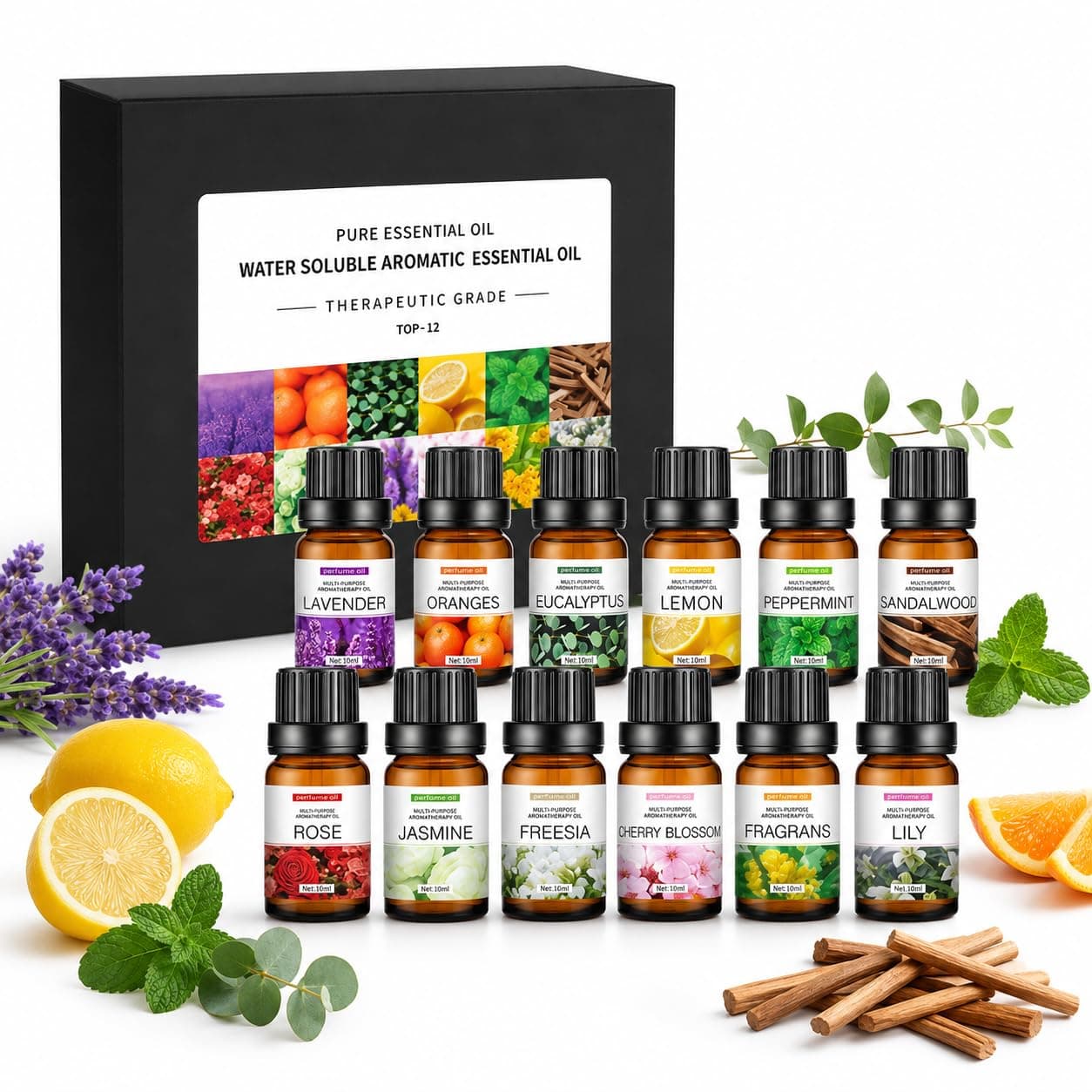 SKY-TOUCH Essential Oils Set, Premium Pure Oil for Diffusers, 100% Therapeutic Grade Aromatherapy Oils, Sandalwood, Sweet Orange, Lavender, Eucalyptus, Lemon, Mint - Bottles*10mL x 6