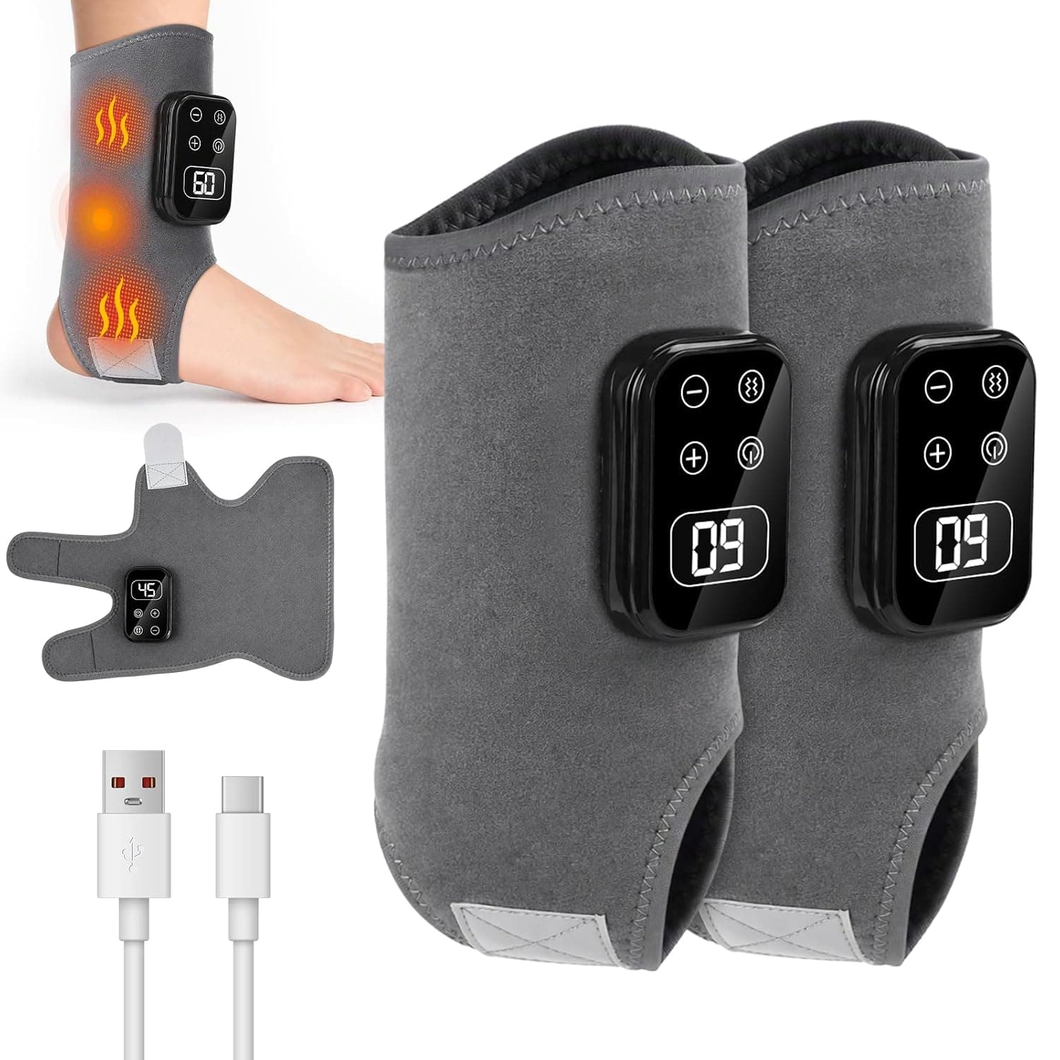 Set of 2 Ankle Massager Heat Vibration Massage Wireless | Set of 2 foot massager, 5 heat levels up to 65°C, 5 vibration modes, promotes blood circulation, relieves muscle tension
