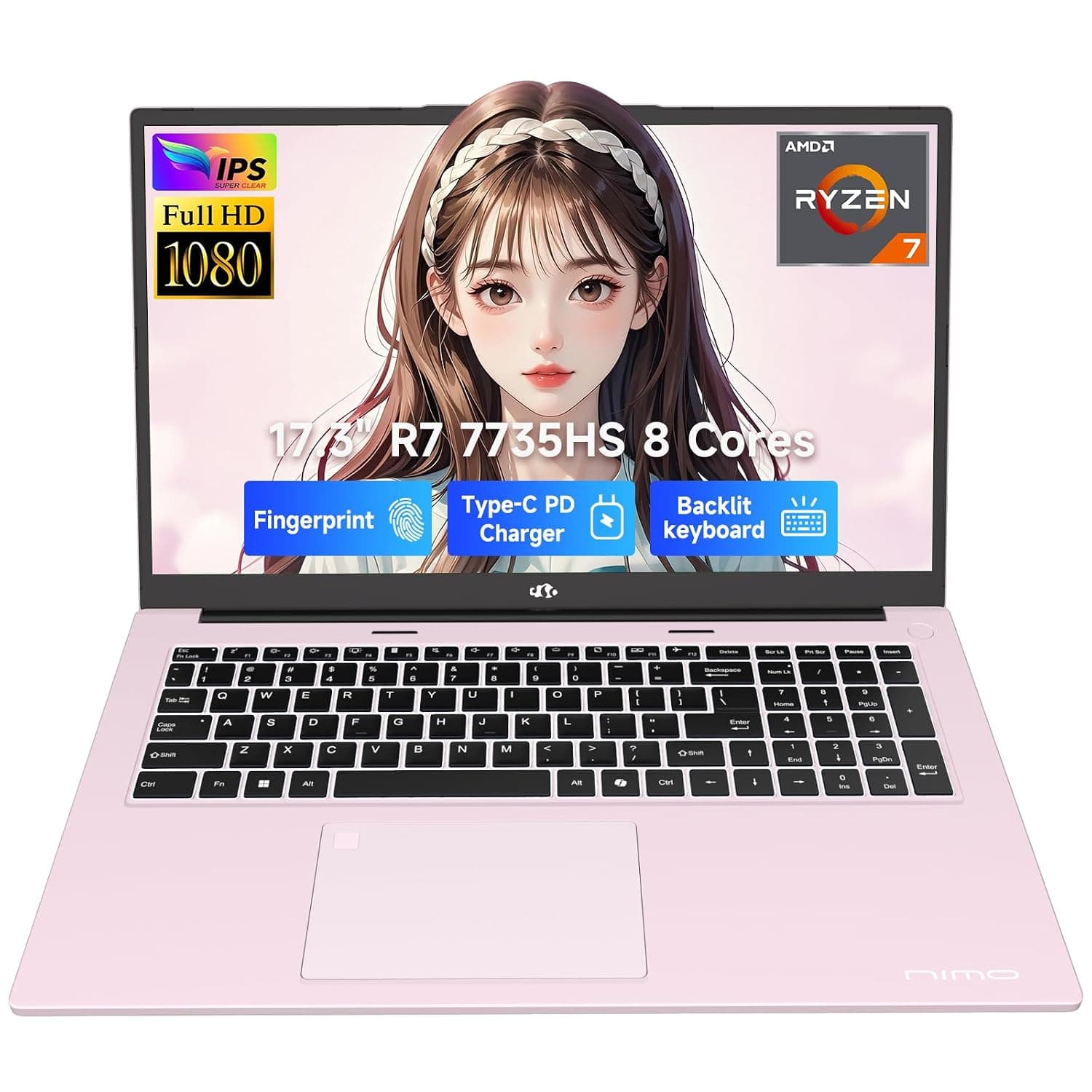 NIMO 17.3" Business-Laptop, AMD Ryzen 7 7735HS (8C/16T), 32GB RAM 2TB NVMe SSD, Radeon 680M for Light Gaming, PD 100W Type-C WiFi-6E BT5.2 Fingerprint Unlock Backlit Keyboard for Working & Student