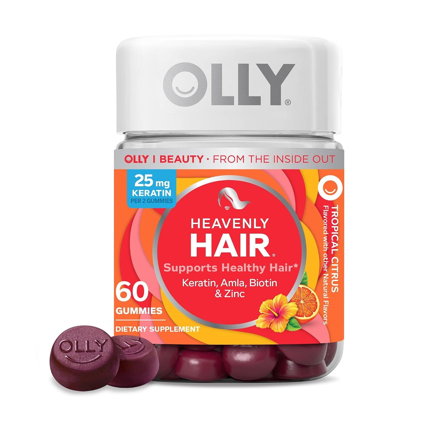 OLLY Heavenly Hair Gummies, Supports Strong Healthy Hair Growth, Keratin, Biotin, Amla, Grapefruit Flavor, 30 Day Supply - 60 Count