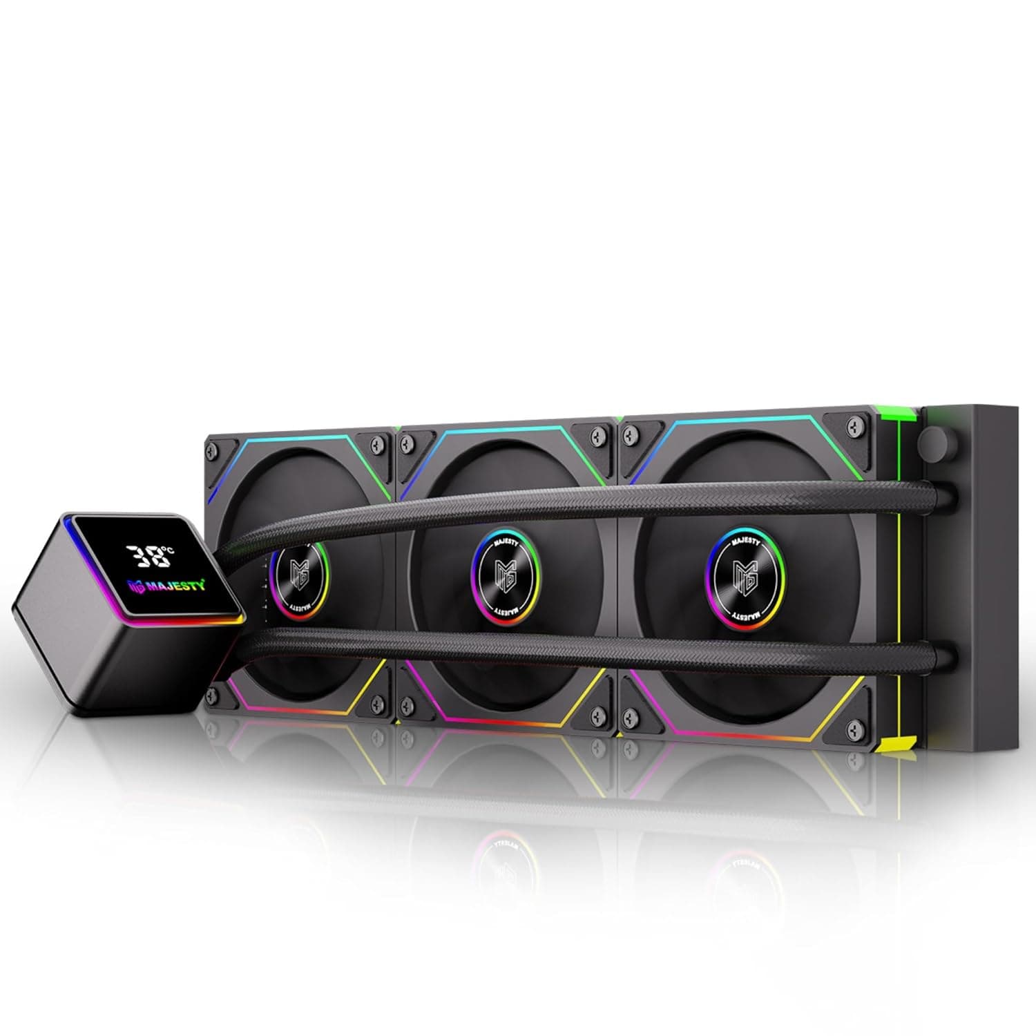 مبرد مائي لوحدة المعالجة المركزية ماجيستي 360MM ARGB مع شاشة ديجيتال لعرض درجات الحرارة ، أنابيب مقاومة للتسريب، ثلاث مراوح ARGB 120mm، متوافق مع Intel وAMD، لون أسود للألعاب