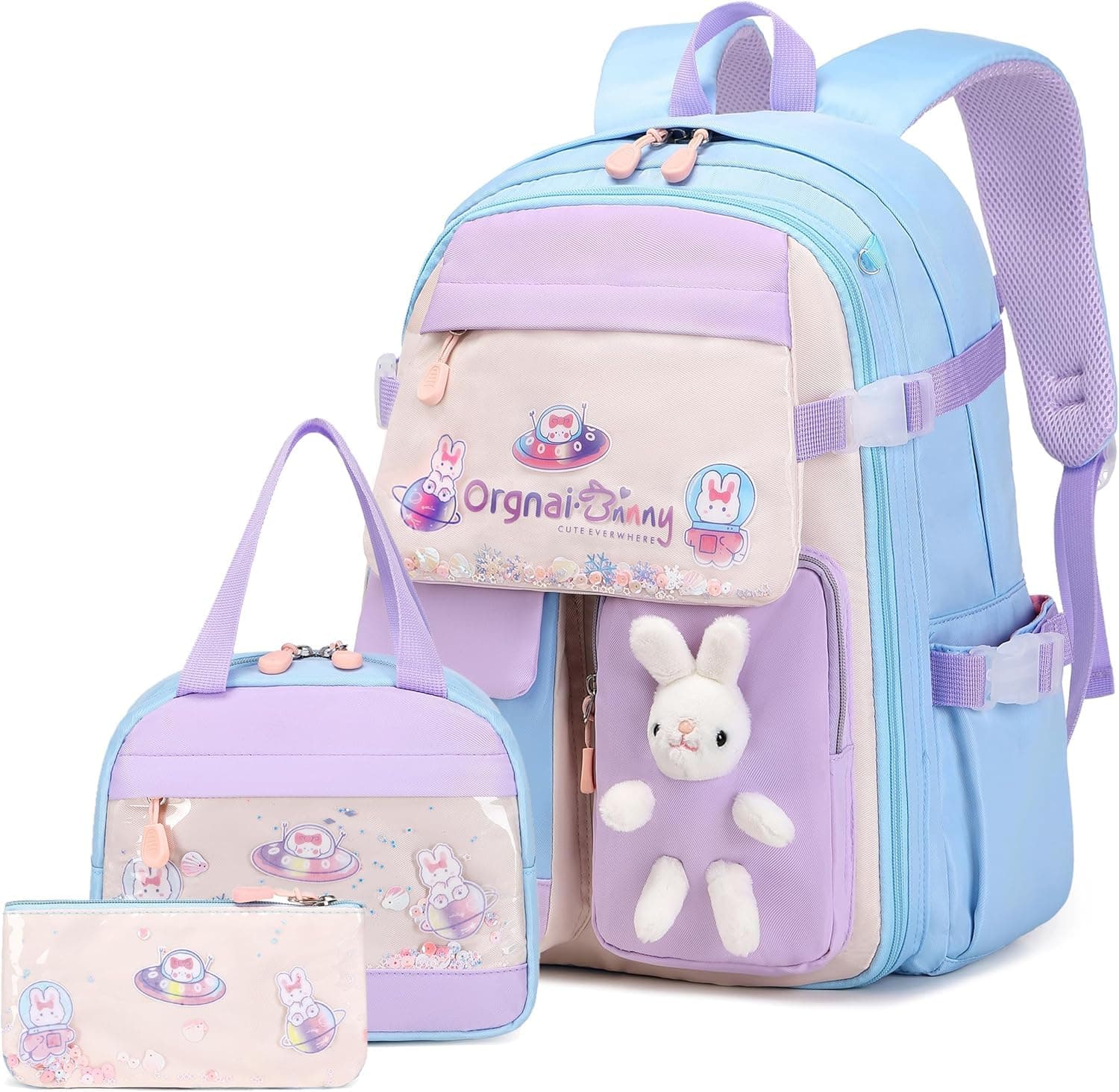 Winsoyya 3pcs Girls Backpack With Lunch Box & Pencil Case, Cute Rabbit Kids School Backpack Set For Kindergarten & Elementary School, Cute Travel Book Bag, 32cm*17cm*45cm(Blue-Purple)