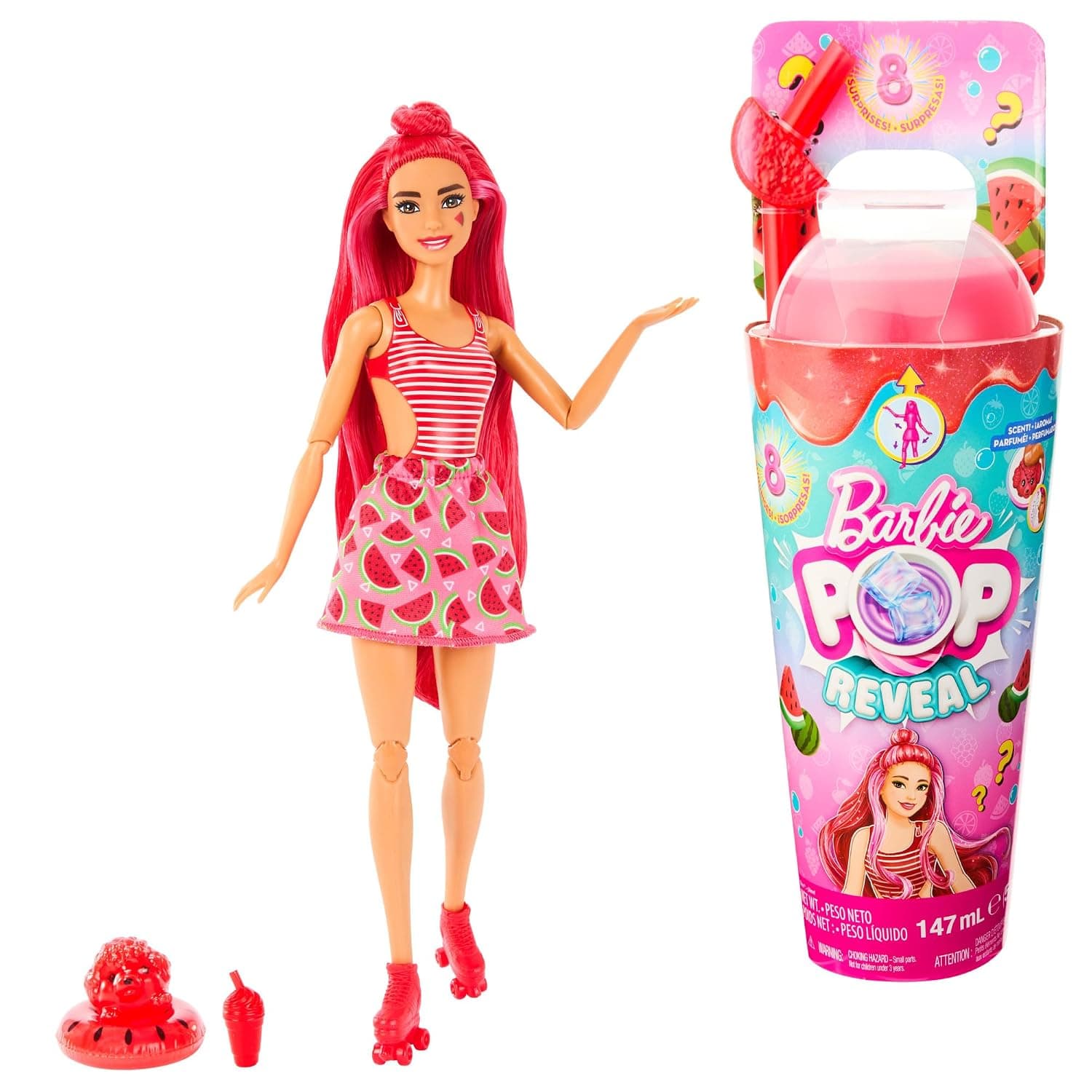 Barbie® Pop Reveal™ Fruit Series Watermelon Crush Doll, 8 Surprises Include Pet, Slime™, Scent & Color Change