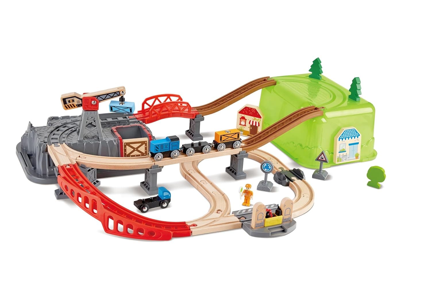 Hape Railway Bucket Builder Set - 50-Piece Wooden Train Set Toy, Multi-Color Construction Kit for Kids 3+, Includes Locomotive, Rails, Trees & More, Encourages Creativity, Role Play & Imagination