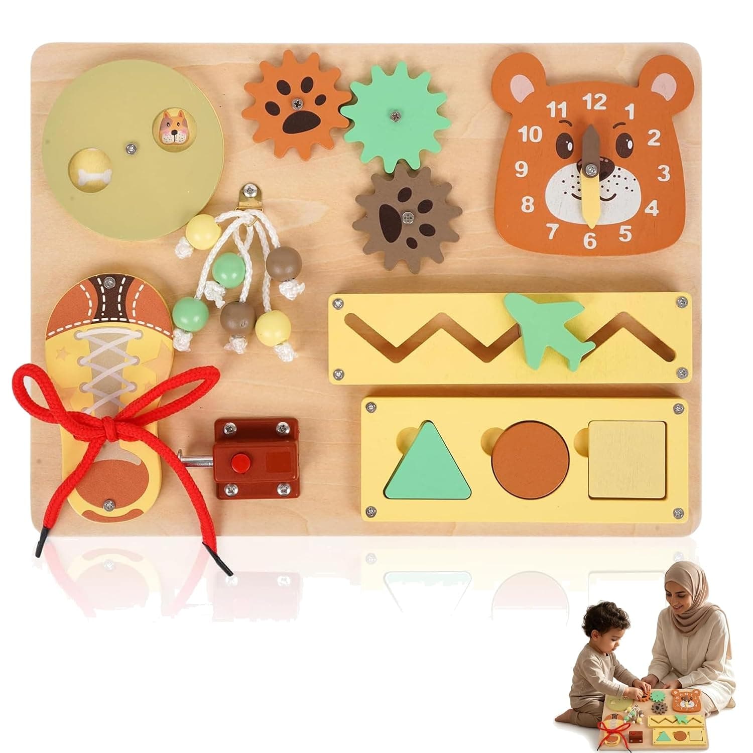 Large Montessori Busy Board for Baby & Toddlers, 11" 8 in 1 Wooden Sensory Toys for Fine Motor Skills, Travel Friendly & Safe, Early Learning Educational Toy for 1 2 3 Year Old