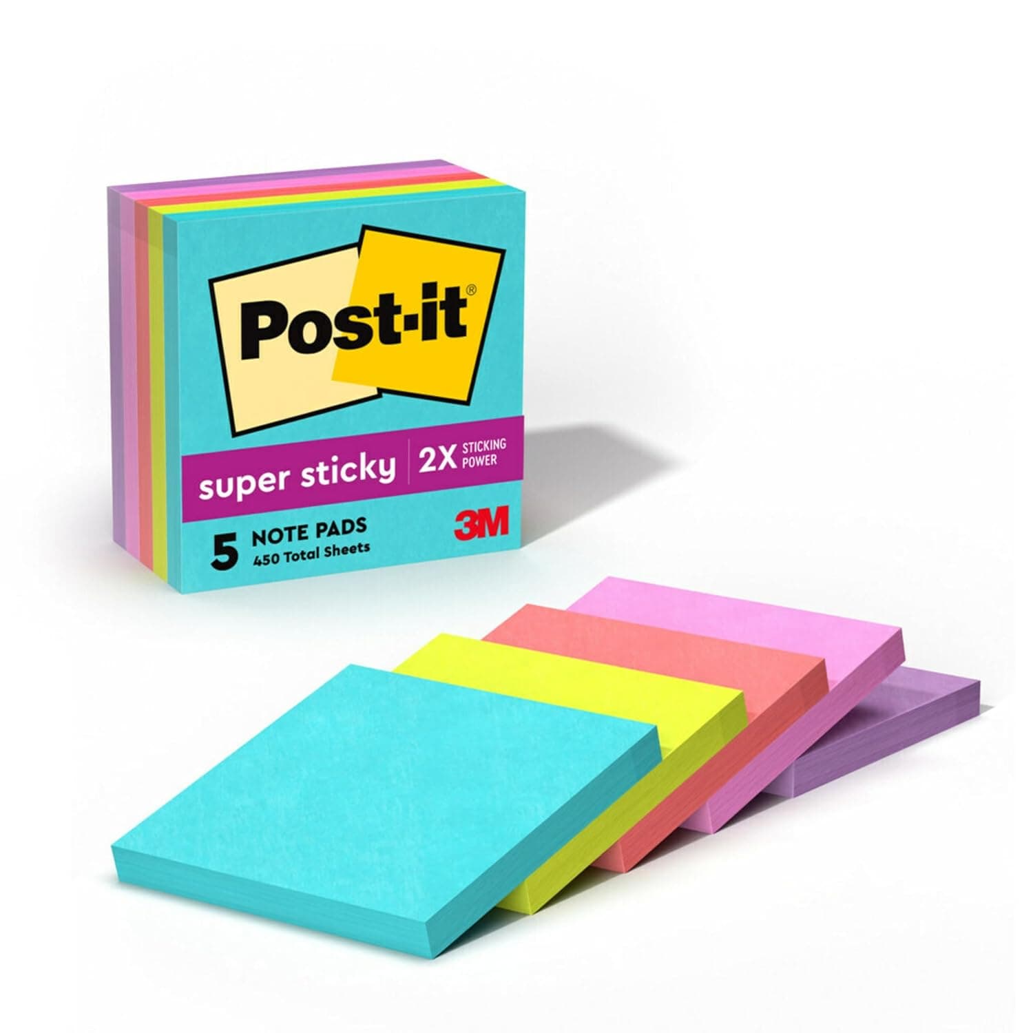 Post-it Super Sticky Notes 3x3 in (76 x 76 mm) 654 | Miami Assorted colors | Extra Sticky Notes | For Note Taking, To Do Lists | Clean Removal | No damage | Recyclable | 90 sheets/pad | 5 pads/pack