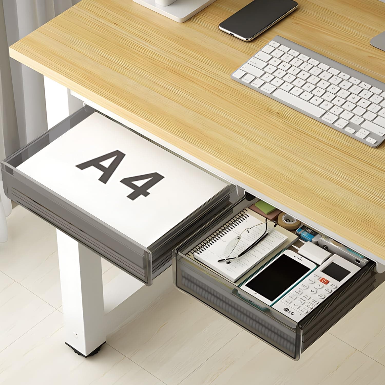 Under Desk Drawer Organizer, 2 Pack Large & Medium Slide-Out Storage Trays – Space-Saving Hidden Desktop Storage with Attachable Pencil Tray for Office, Home, and School Workspaces