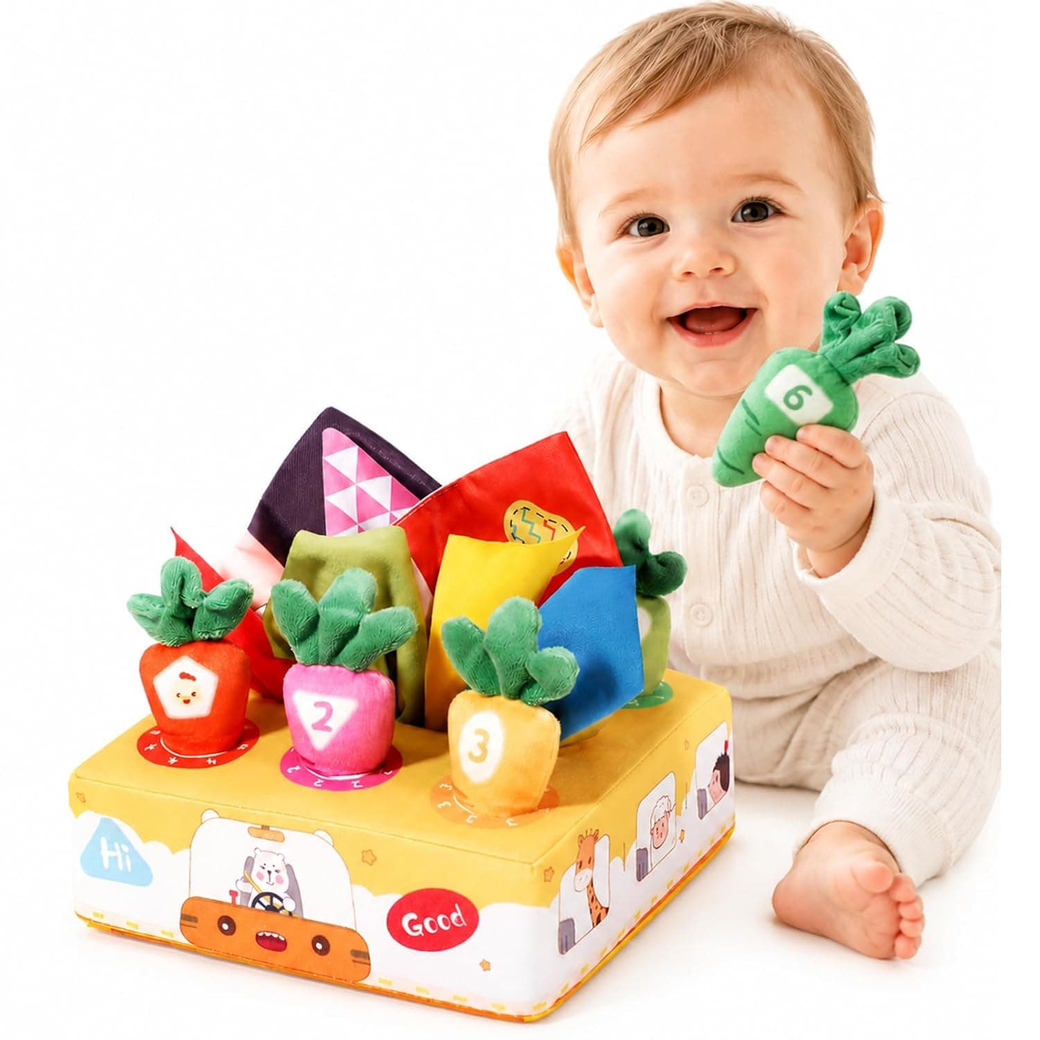 ULHYC Montessori Sensory Baby Toys, 2-in-1 Plush Carrot Harvest & Soft Tissue Box, Early Educational Shape Color Number Matching Game, Fine Motor Skills Learning Activity
