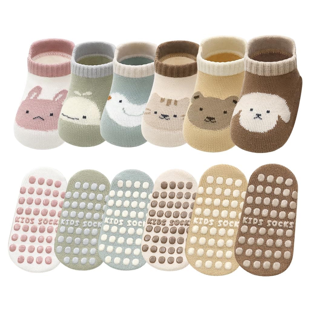 HANNEA® Grip Socks, Socks for Kids, 6 Pairs Anti Slip Ankle for Toddler Kids Boys Girls Aged 1-3, Cute Cartoon Breathable Cotton Sock Birthday Gift for All Season (Multiple Colors)