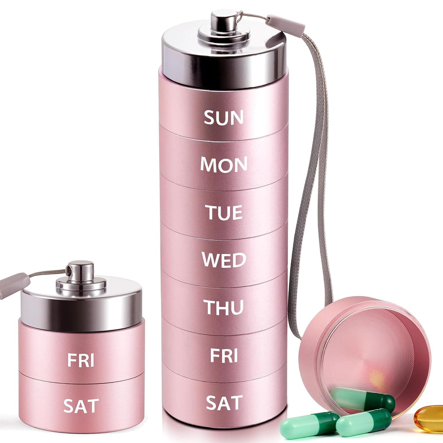 Metal Large Pill Organizer, Travel Weekly Pill Box, Portable Aluminum Alloy Waterproof Container, 7 Day Daily Medicine Organizer Holder for Vitamin, Fish Oil, Supplement, Pink