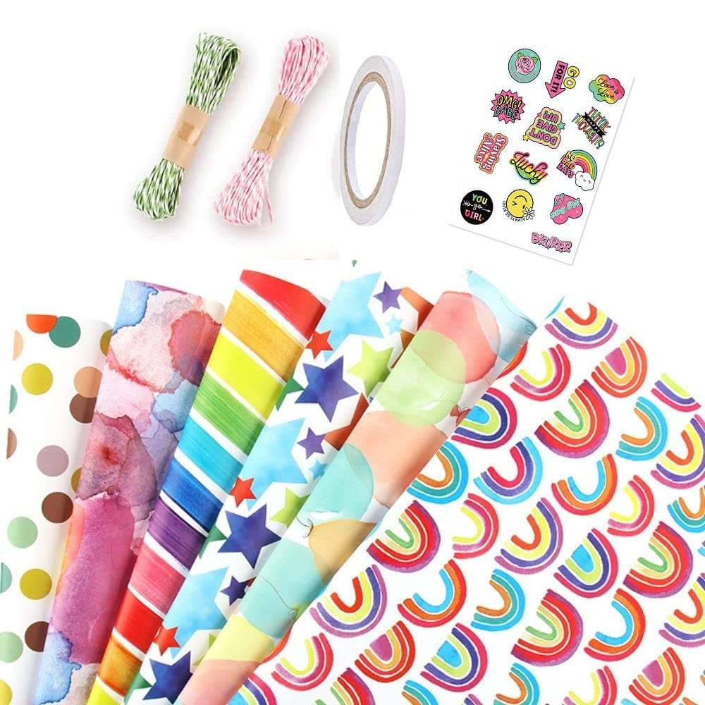 Birthday Wrapping Paper, Gift Wrapping Paper Roll Set Included 6 Pack Gift Wrap Paper with Ribbon Sticker and Tape for Birthday Wedding Graduation Boy Girl kid baby Men Women All Occasion