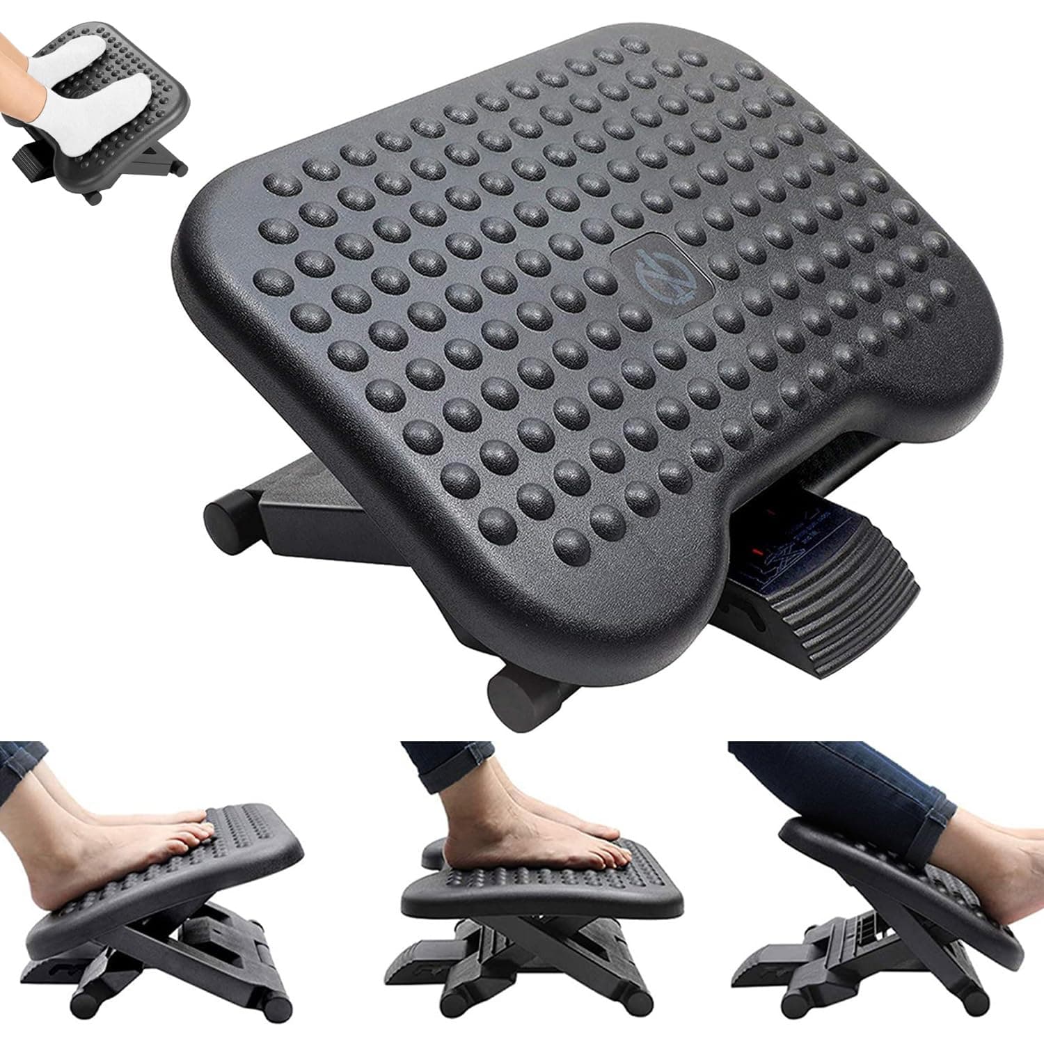 NOAEOU Footrest, Adjustable Under Desk Foot Rest - 3 Height Levels + 30-Degree Tilt, Ergonomic Design with Massage Texture - Ideal Foot/Leg Support for Home, Office, Study (Black)