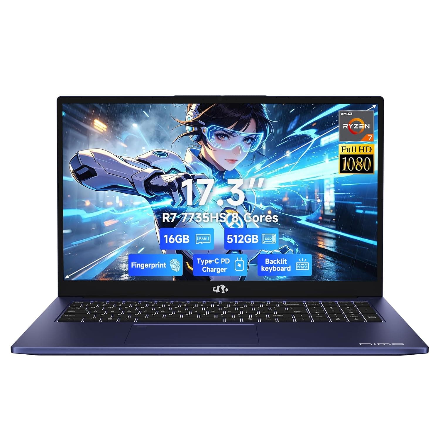 Nimo 17.3" FHD IPS Laptop, Ryzen 7 7735HS(8C/16T, Beats i7-12650H) 16GB DDR5 RAM 512GB SSD, Radeon 680M Graphics Backlit Keyboard Fingerprint Reader Win11 Computer with 100W PD Fast Charging