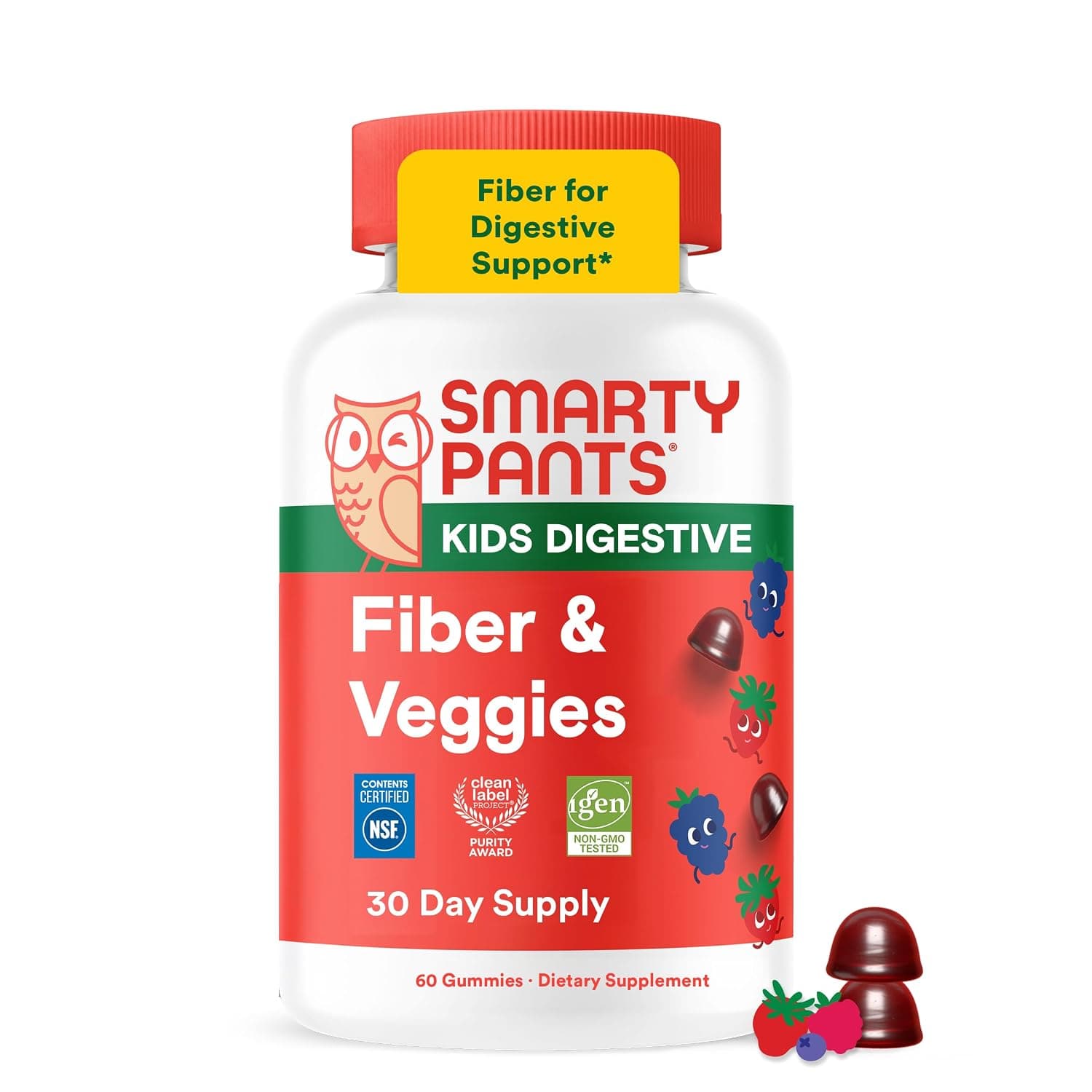 SmartyPants Kids Fiber & Veggies: Prebiotic Fiber Gummies for Kids, Fiber Supplement with Inulin, Organic Green Veggie Blend, Vegan, Gluten Free, Mixed Berry Flavor, 60 Count (30 Day Supply)