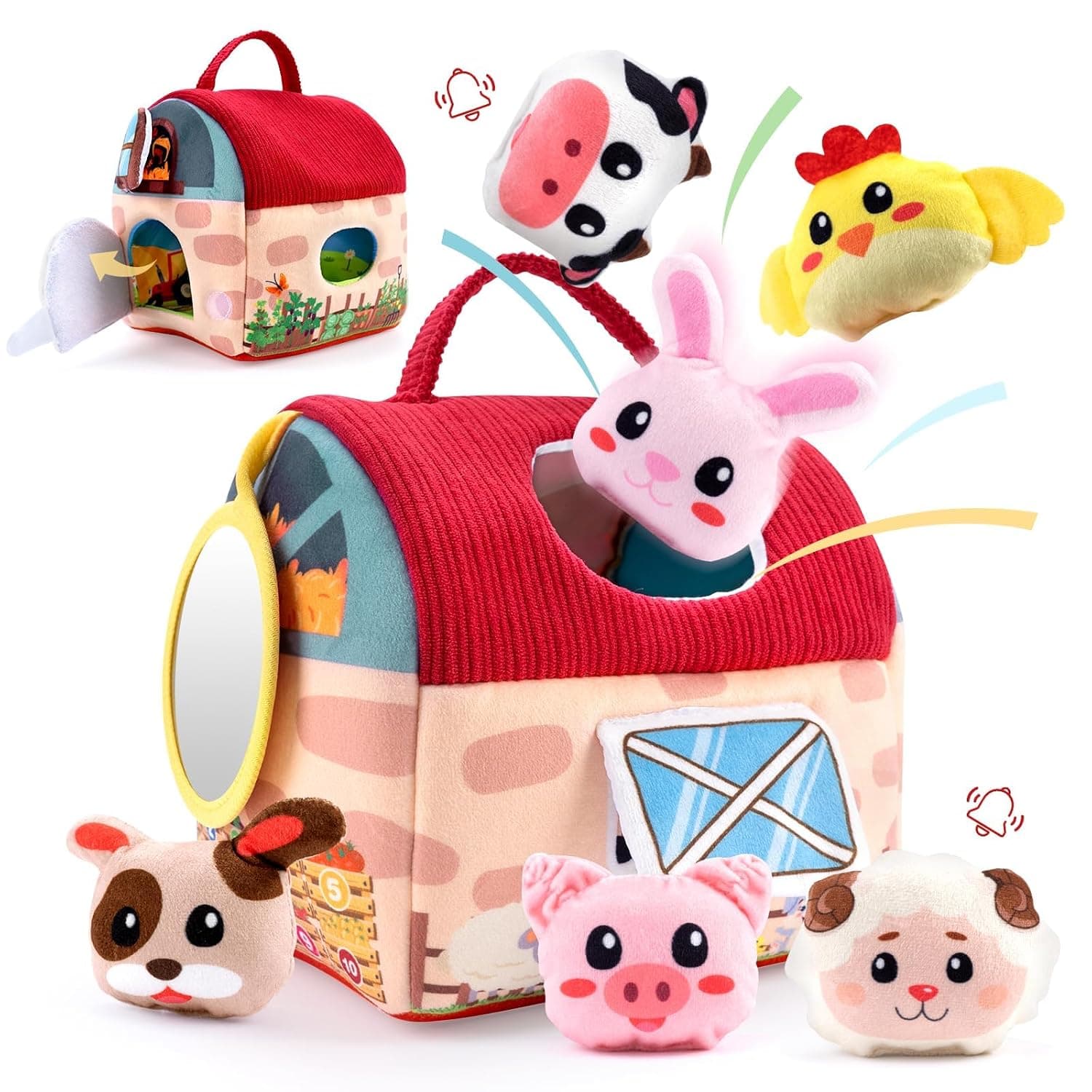 Baby Toys 6-12 Months, Farm Animals Shape Sorter Toys, 6Pcs Stuffed Farm Animals Plush toys, Rattle - Montessori Piglet, Lamb, Puppy, Calf, Chick, and Bunny - Boxed Baby Gift, Soft