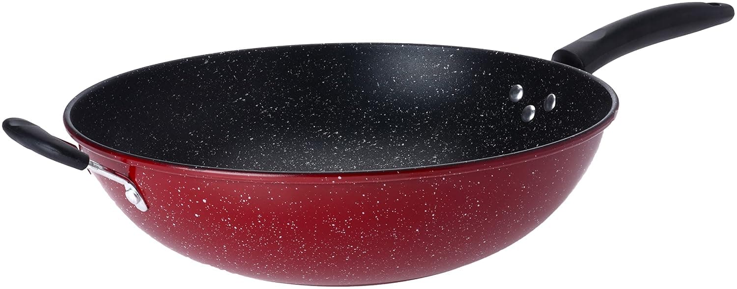 Bister Non-Stick Granite Wok with Two Handles (34cm) |, Nonstick, Flat Bottom, Suitable for Induction, Halogen, Oven, and Gas Stove | Black & Red