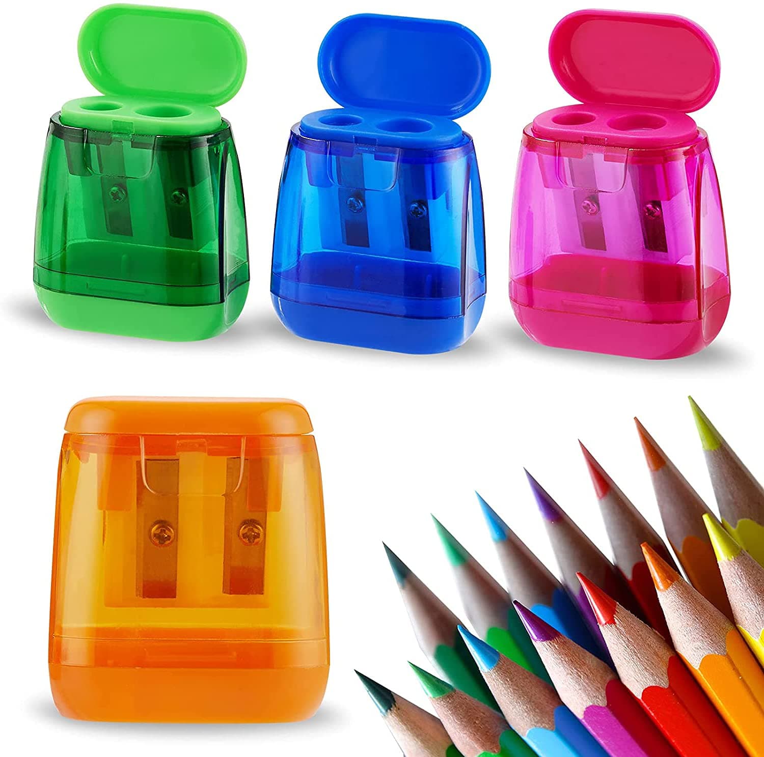 Pencil Sharpener, Manual Pencil Sharpeners Bulk, Colorful Compact Dual Holes Pencil Sharpeners with Lid, for kids,Suitable for School,Office,Home (4 Pcs)