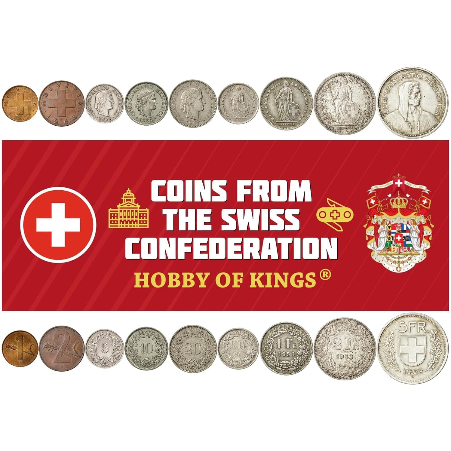 9 Coins From Switzerland | Swiss Coin Set Collection 1 2 5 10 20 Rappen 1/2 1 2 5 Francs | Circulated 1948-1967 | Paul Burkhard | Wheat | Libertas | Helvetia