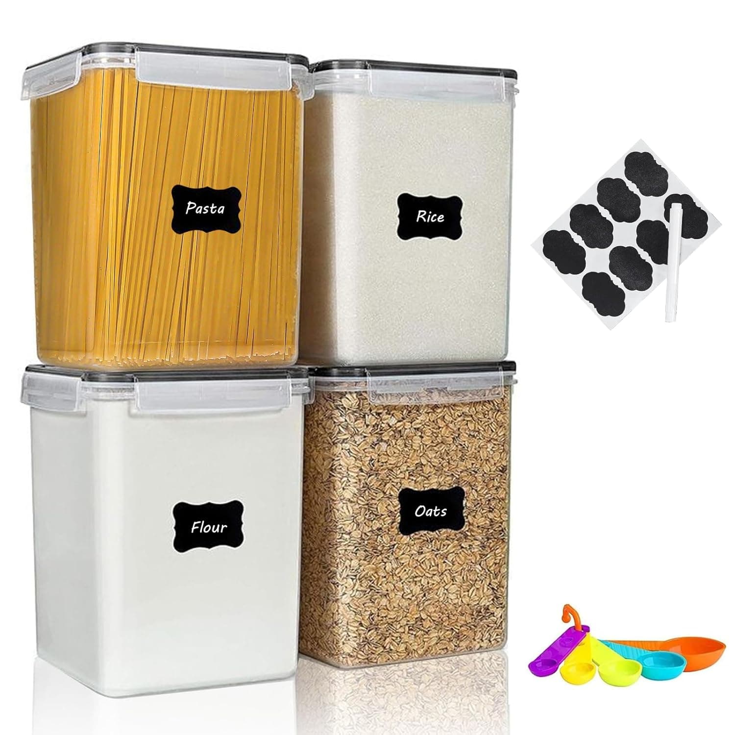 STEUGO 4PCS 5.2L /175 Oz Pantry Food Storage Containers with Lids Pantry, Plastic Kitchen Storage Containers for Pasta Organizer, BPA Free Sealed Containers for Food Air Tight