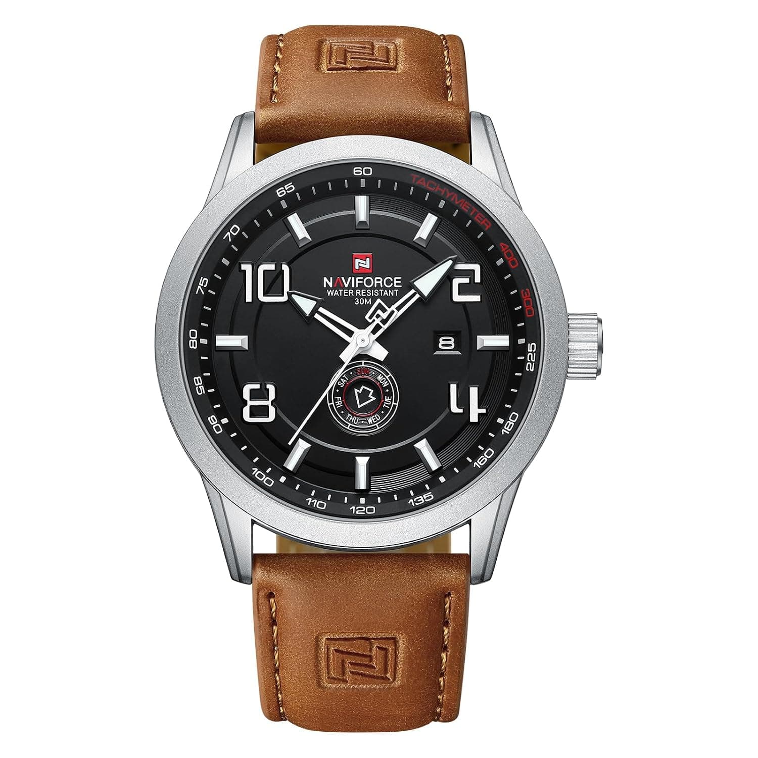 NAVIFORCE Sport Watches for Men Leather Band Waterproof Quartz Analog Wristwatch Easy to Read with Auto Date