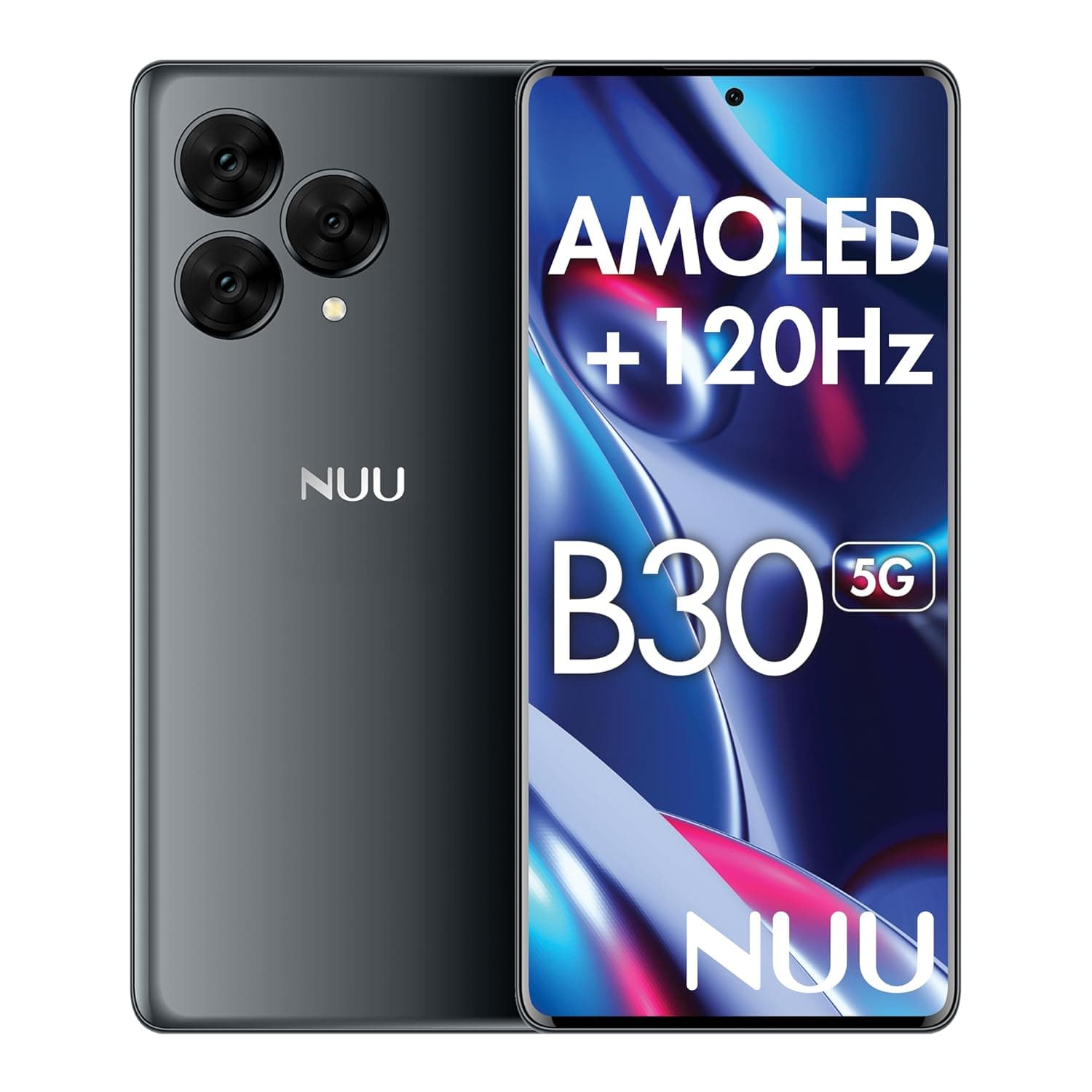 NUU B30 5G Cell Phone AMOLED 6.7” | 8GB RAM/256GB | Unlocked Phones for T-Mobile, Mint, Metro, Qlink and More, 64MP + 32MP Selfie Camera, Dimensity 7050 120Hz Dual SIM. Black, Android Phone 14