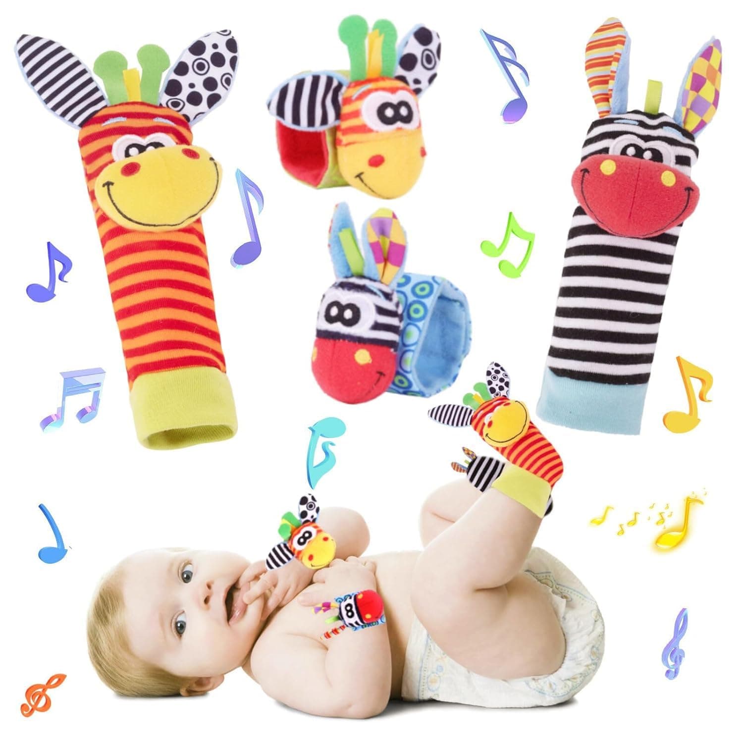 YelaJoy 4pcs Baby Rattle Socks & Foot Finders, Infant Toys 0-12 Months, Multicolor, Cotton & Polyester, Animal Theme, Perfect Baby Gift