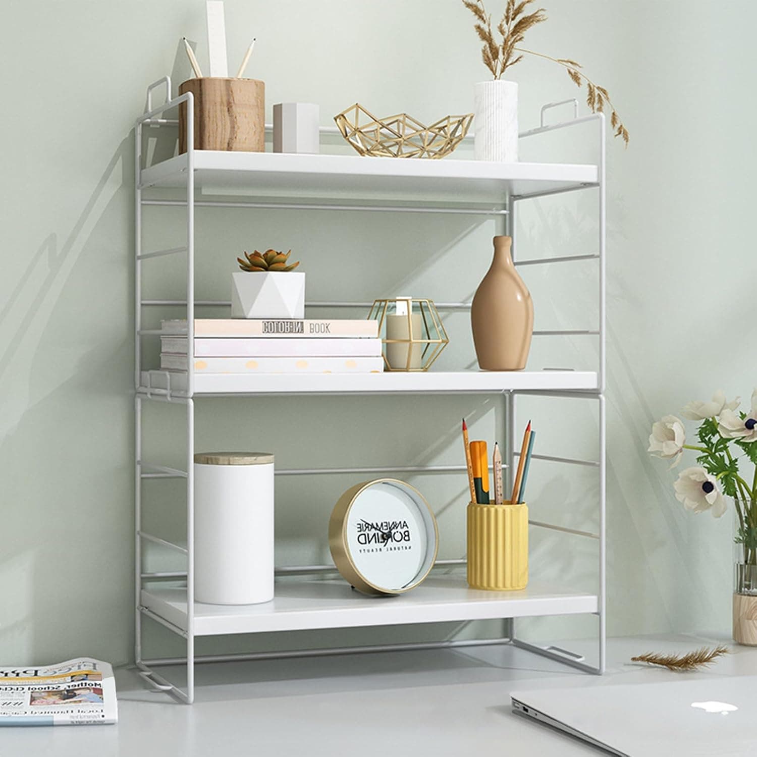 Desktop Shelf Organizer, Small Wood Countertop Bookshelf, Adjustable Desktop Organizer Office, Tabletop Display Shelf for Home Office School (White / 3-Tier)