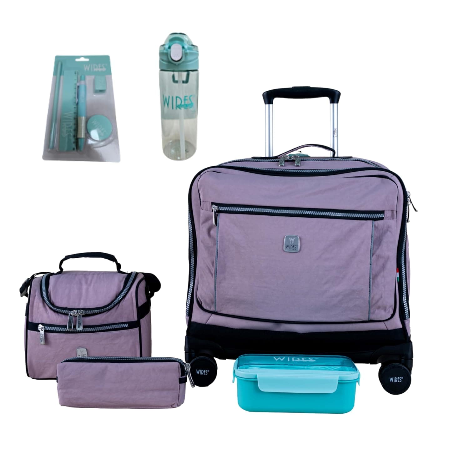WIRES 8 Wheels trolley bag with lunch bag, pencil case and lunch box, Purple, Classic