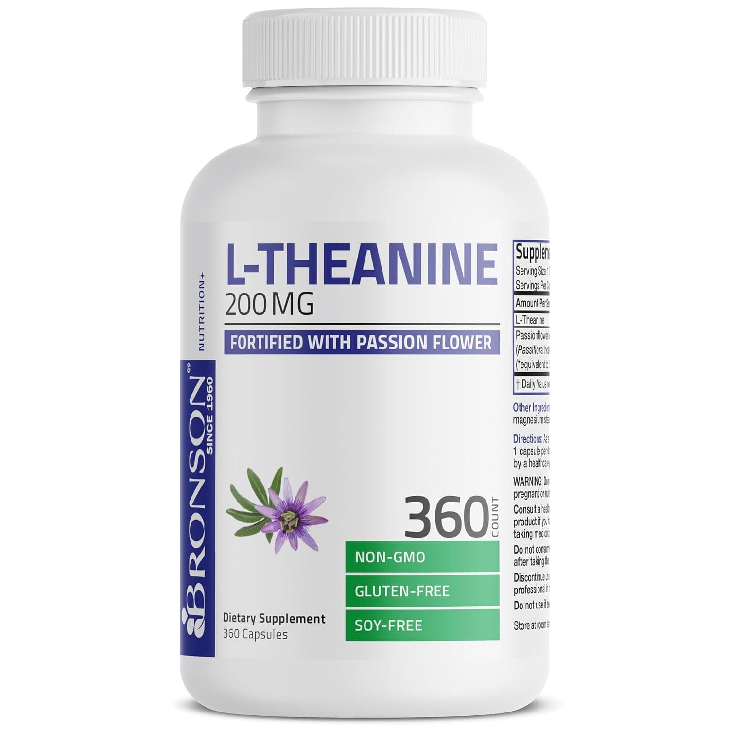 L-Theanine 200mg (Double-Strength) with Passion Flower Herb - Reducing Stress and Promoting Relaxation Without Sedation - Non GMO Gluten Free Soy Free Formula, 360 Capsules