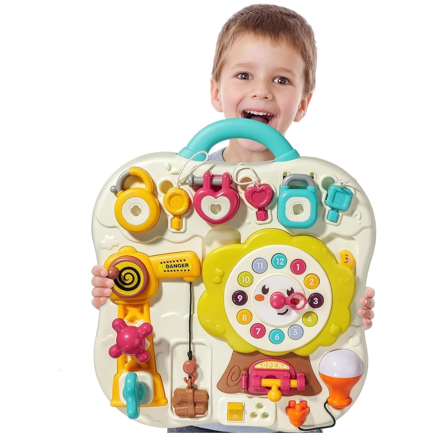 Andanna Toddler Busy Board Toys for 3 Years Old Kids, 9 in 1 Sensory Montessorri Baby Toy with Music & Light, Kids Fine Motor Skill Preschool Educational Birthday Gift for 3 4 Yr