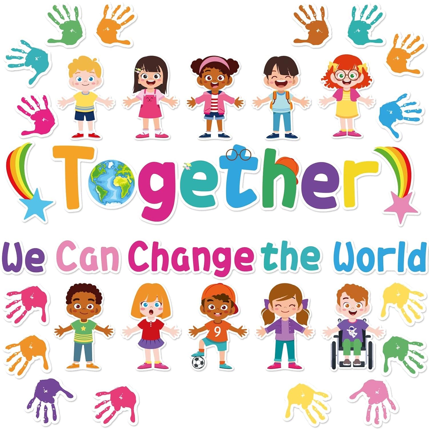 Together We Can Change The World Classroom Bulletin Board Set Decorations Back to School Bulletin Board Hands with Hearts Diverse Children Cutouts for Kids and Teacher Classroom School Supplies Decor