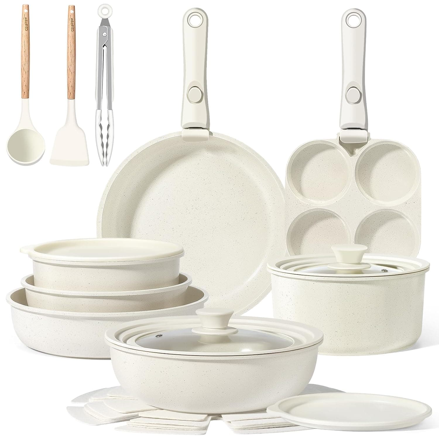 GiPP Ceramic Pots and Pans Set Non Stick, Nonstick Detachable Handle Cookware Sets, Healthy Non Toxic PFAS PFOA & PTFE Free, Dishwasher ?Oven Safe, Induction Kitchen Pot and Pan, 21 Piece Cream | Non Stick,Healthy,Non Toxic,PFAS PFOA & PTFE Free, Dishwasher &Oven Safe, All Stoves are Compatible,21PCS,Cream