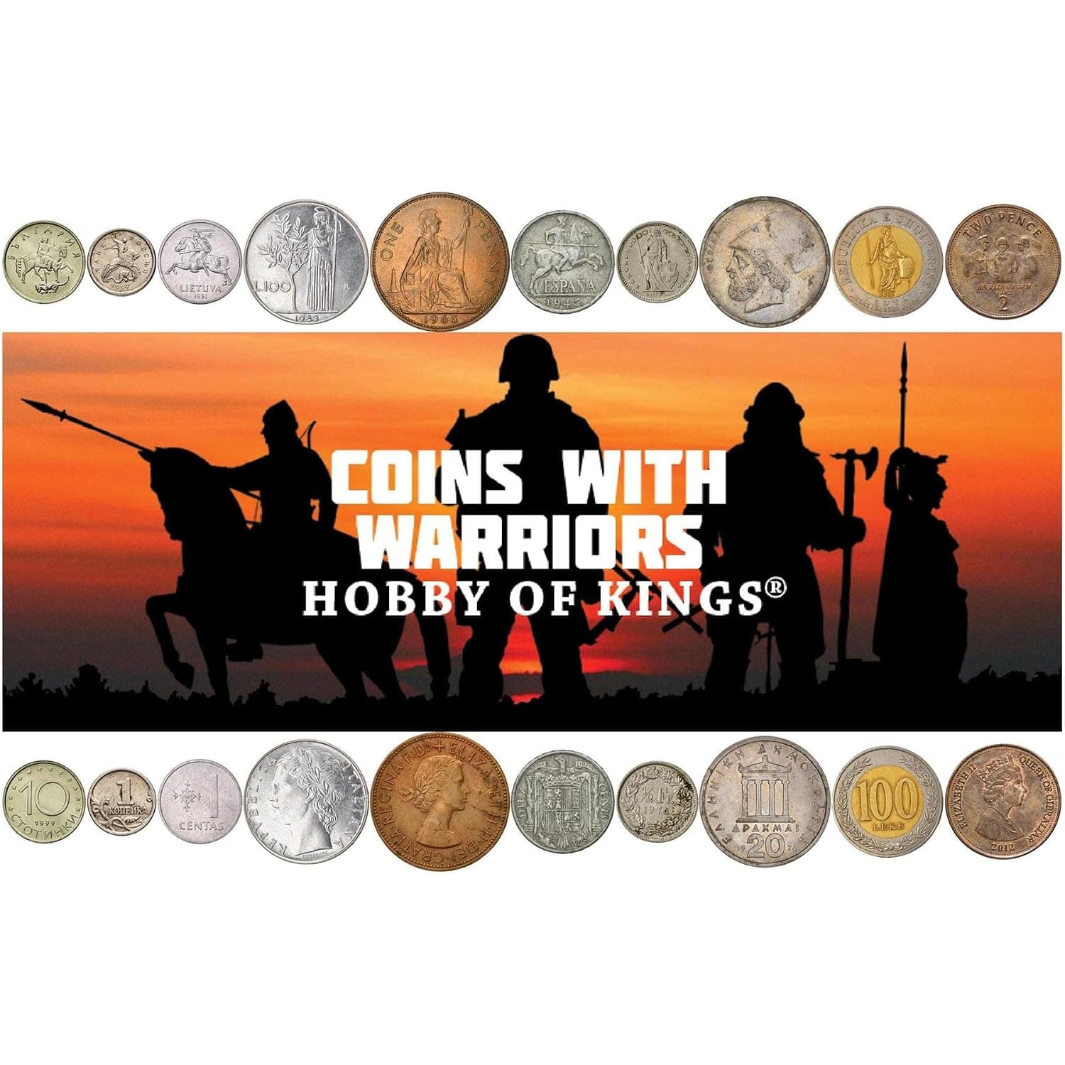 Warrior Coin Collection - 10 Coins - Armed Cavalry, Soldiers, Fighters, Heroes, Deities - Warrior Figures Depicted
