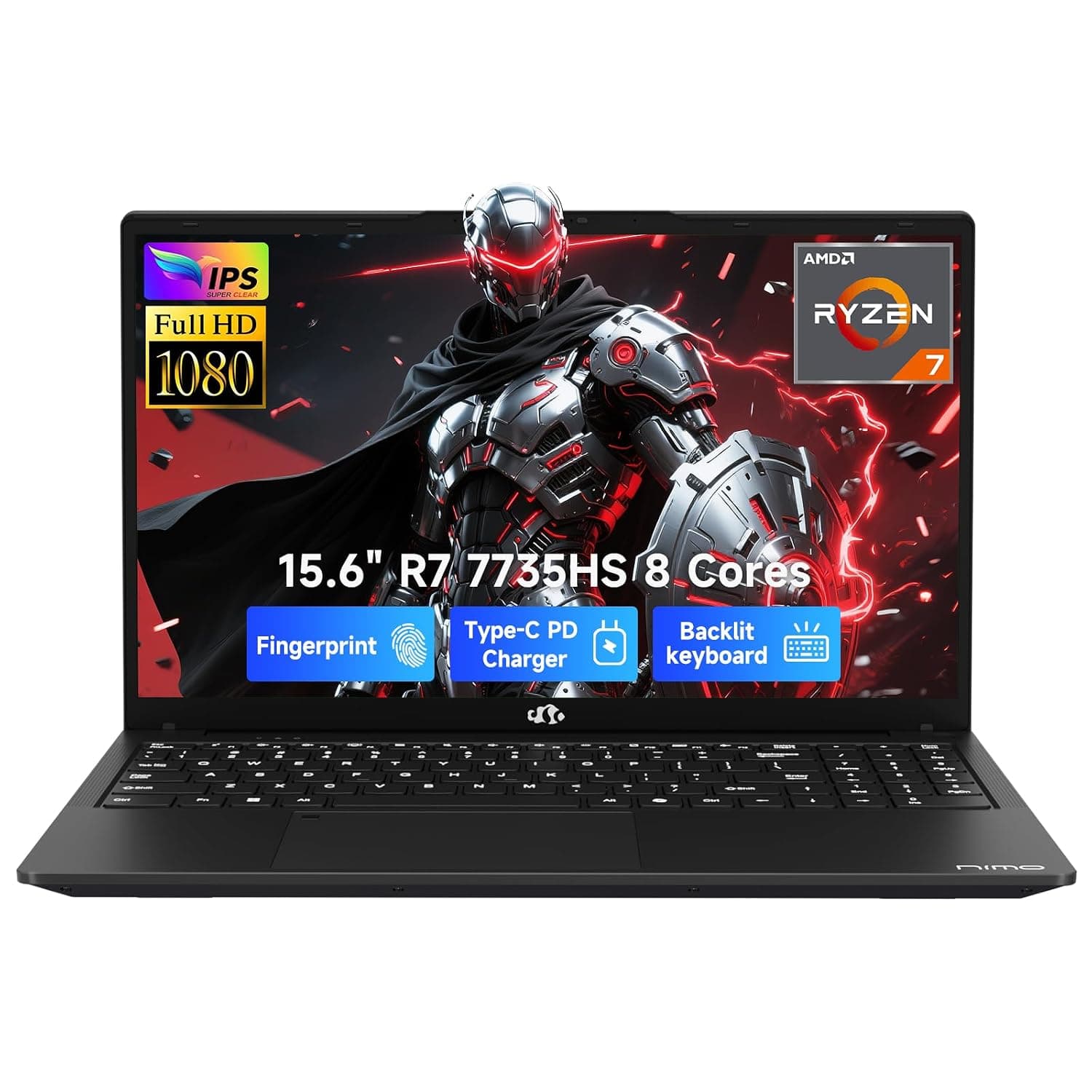 NIMO 15.6" IPS FHD-Gaming-Laptop, 8 Cores Ryzen 7 7735HS 32GB DDR5 RAM 1TB SSD (Beats i7-12650H) Computer with Radeon 680M 100W Type-C Charger Backlit Keyboard Fingerprint, for Gaming Business