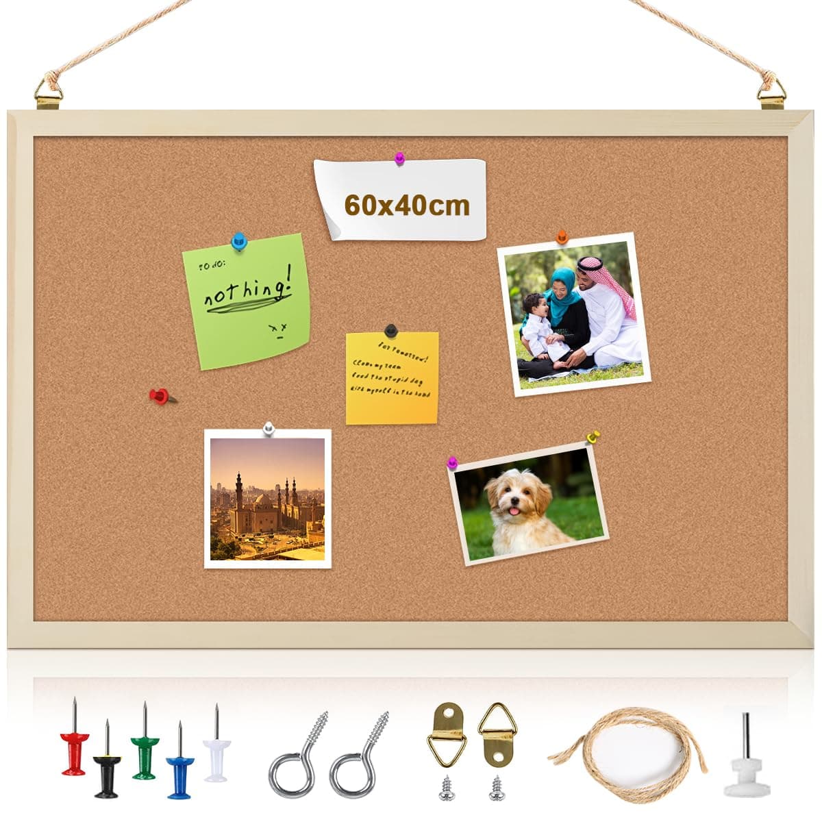 Bulletin Board 60x40cm, Double Sided Cork Board for Wall, Presentation Message Notice Memo Vision Photo Display Board Decorative Hanging Pin Board with 5 Pushpins for Home Office School Workshop Decor