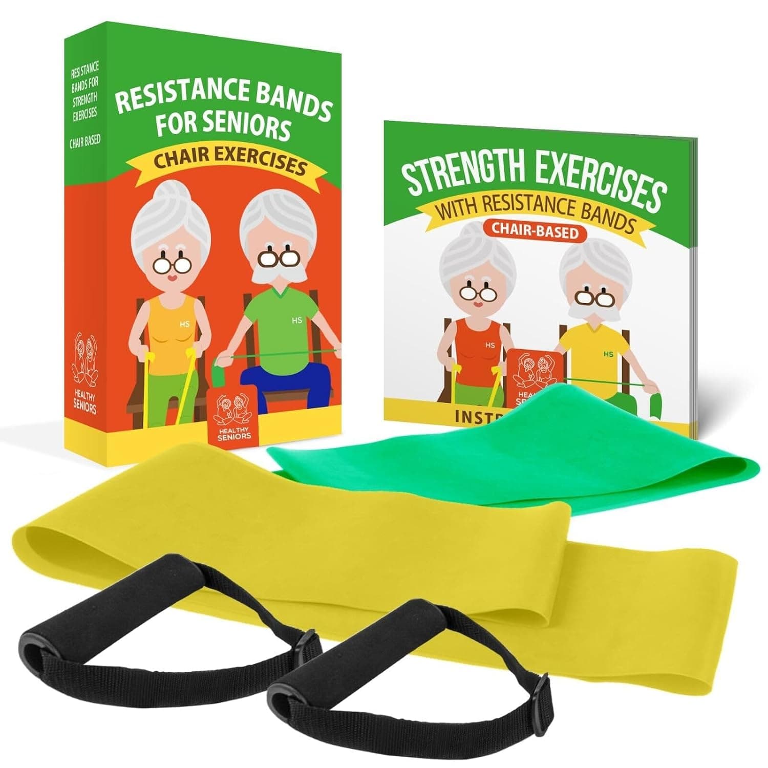 Healthy Seniors Chair Exercise Program with Two Resistance Bands, Handles, and Printed Exercise Guide. Adjustable Fitness Equipment for Seniors, Elderly Home. Ideal for Rehab or Physical Therapy
