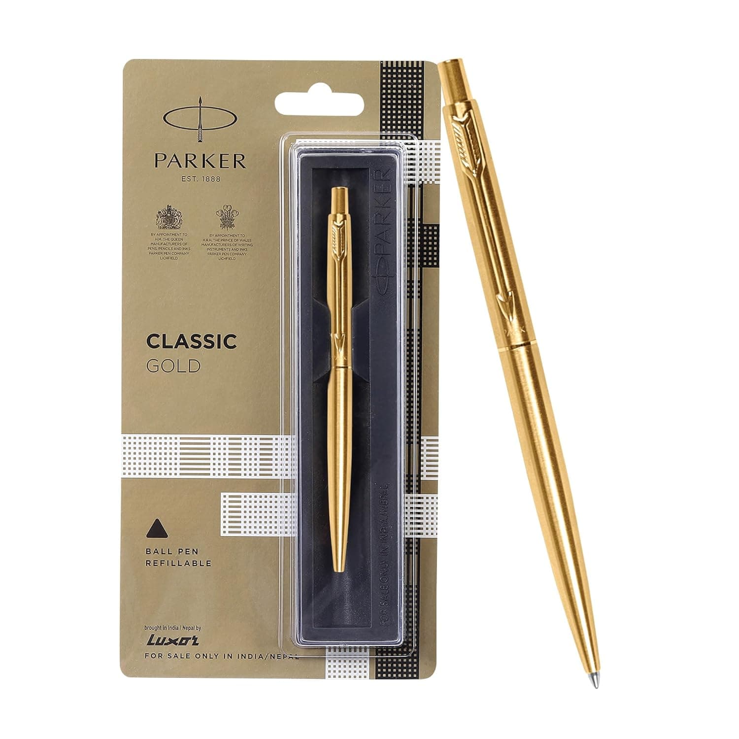 Parker Classic Gold Trim Ball Pen | Refillable | Gold Trim | Stainless Steel (1 Count, Pack of 1, Ink - Blue) | Ideal for gifting | Best pen for professionals, students