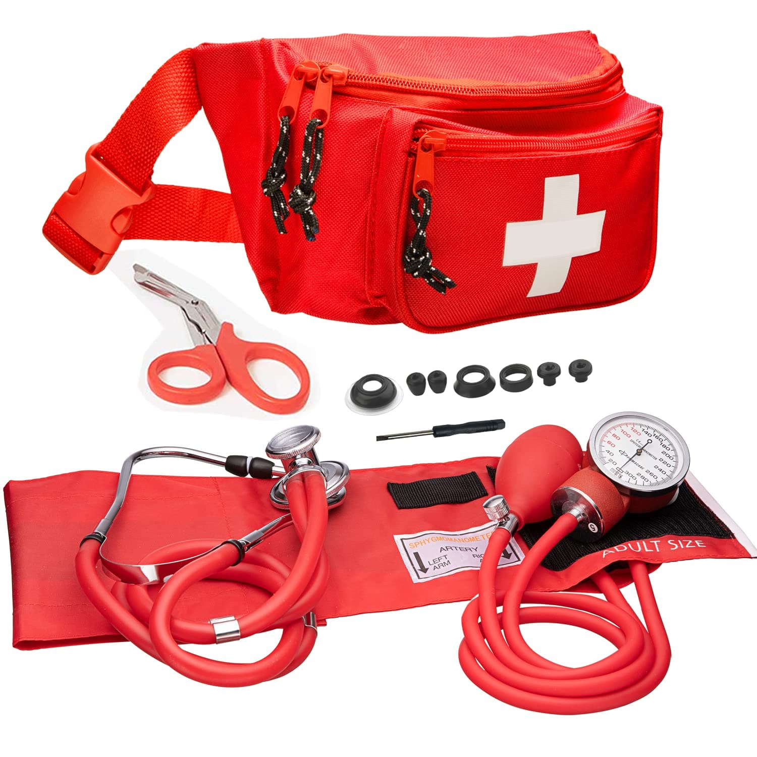 NOVAMEDIC First Aid Fanny Pack with Emergency Essentials and Professional Aneroid Sphygmomanometer Blood Pressure Machine with Stethoscope Set, Essential Medical Supplies Kit