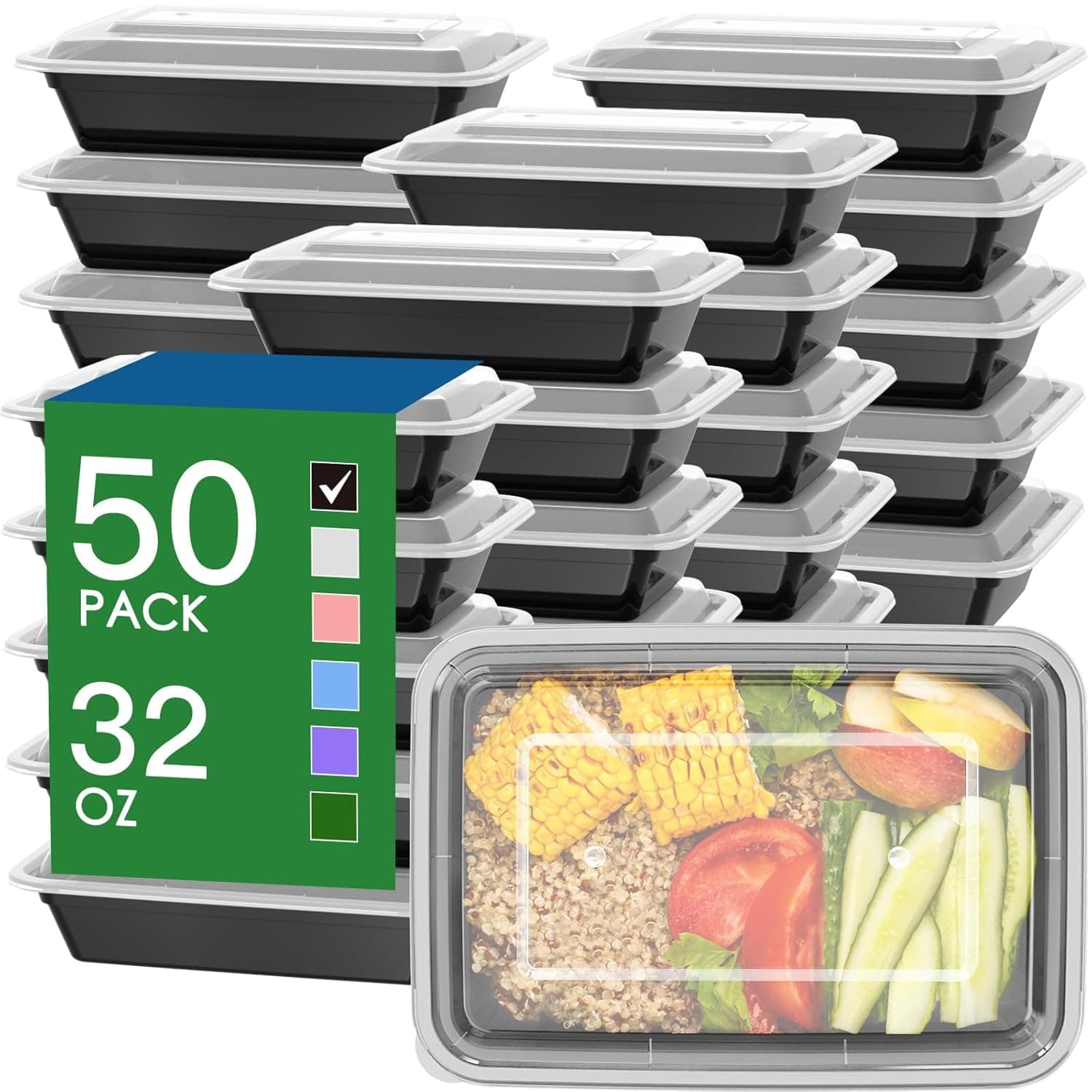 Jaffiust 50 PCS Meal Prep Containers, 32 oz Reusable With Easy Open Lids, Sturdy Leakproof Food Safe, Microwave Freezer Dishwasher Safe, To Go Take Out Plastic Food Storage Pans With Lids(Black)