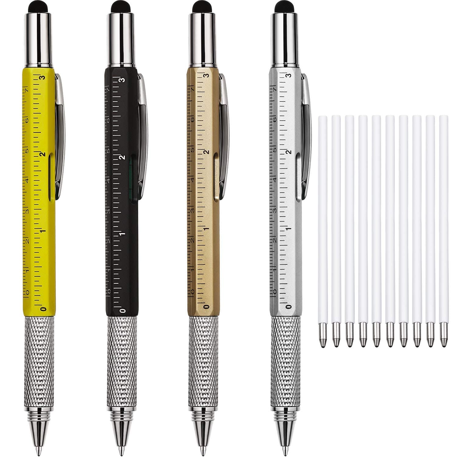 Zhanmai 4 Pcs 6 in 1 Multitool Pen Gift for Men Multi Tool Pen with Ruler Level Screwdriver Stylus 10 Ink Cool Refill Tool Gadget Birthday Christmas Stocking Stuffers (Black Silver Yellow Gold)